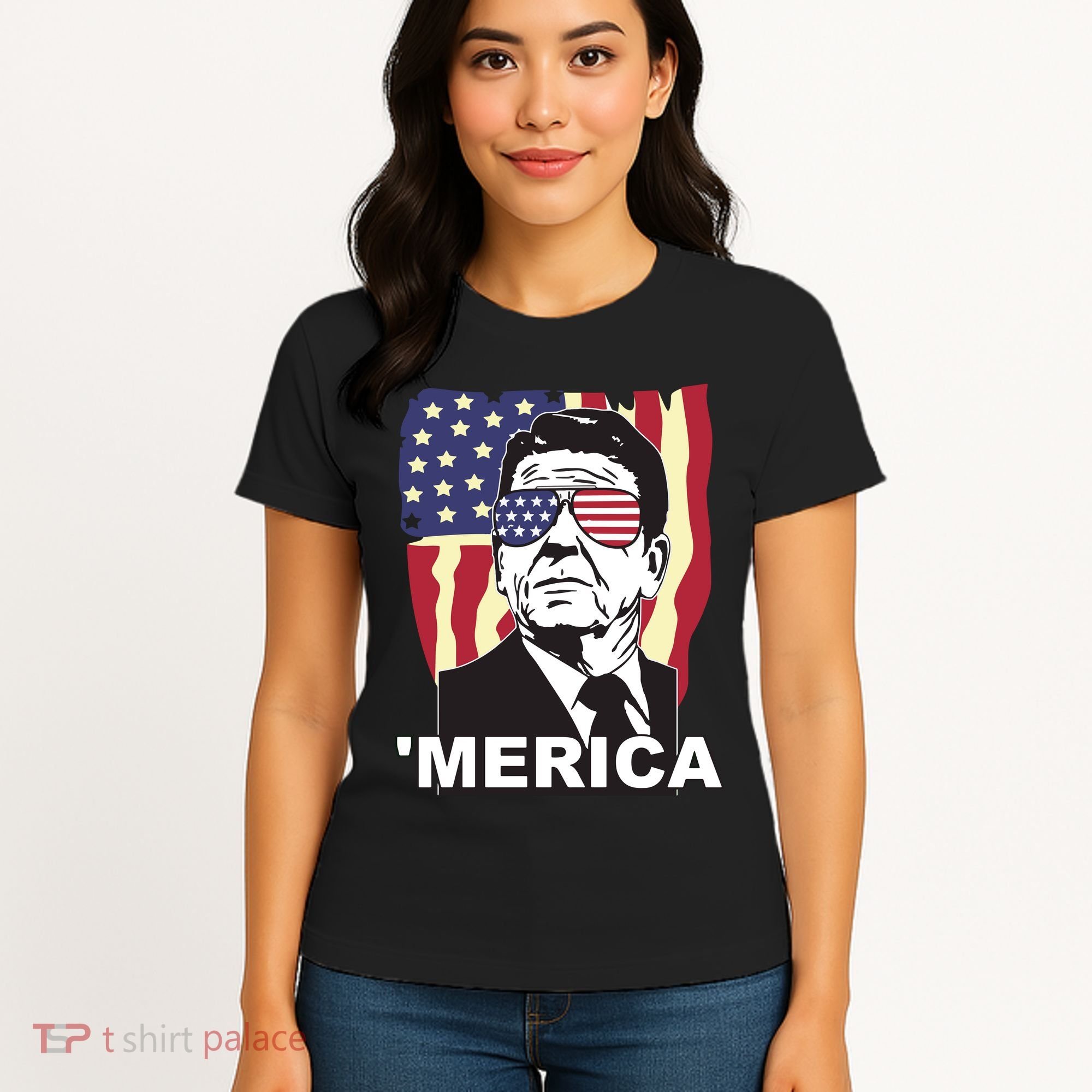 Merica Ronald Reagan Funny Usa Stars And Strips Proud American Women's T-Shirt