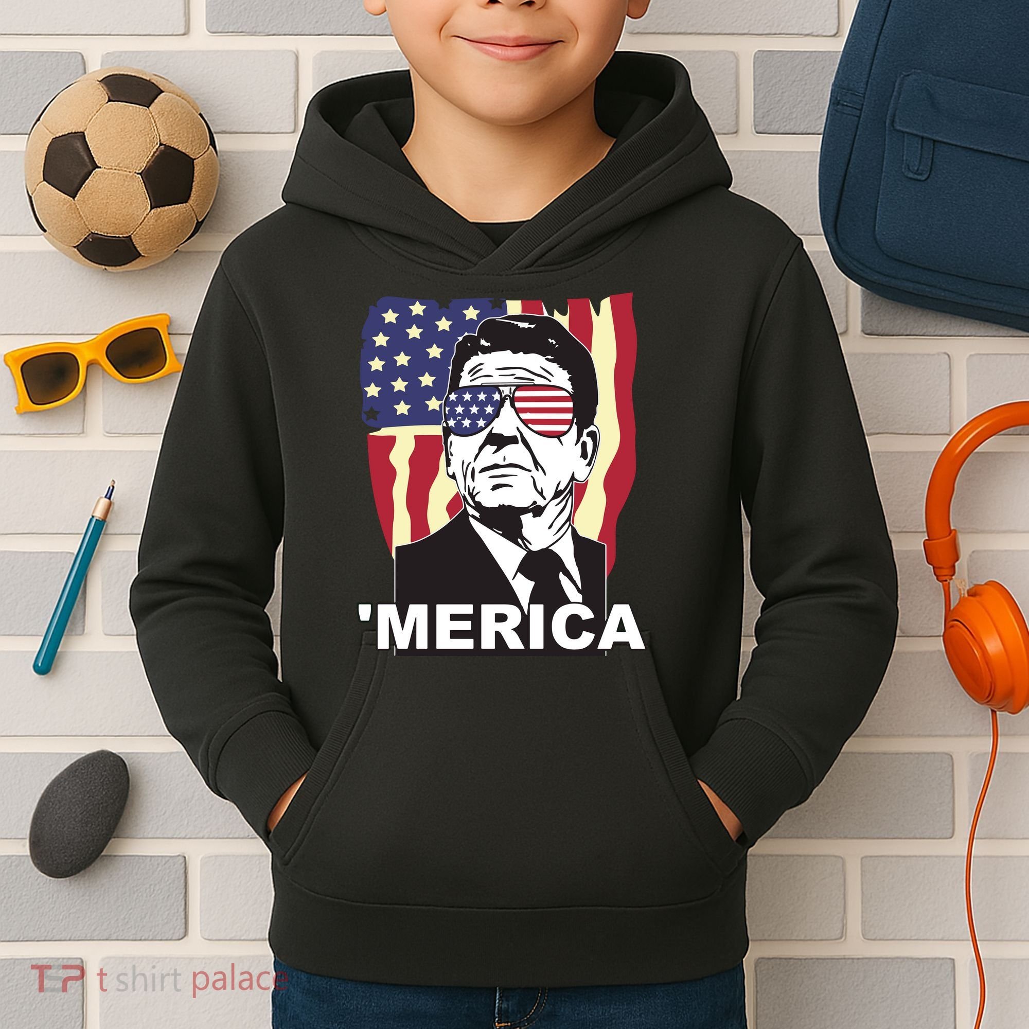 Merica Ronald Reagan Funny Usa Stars And Strips Proud American Kids Hoodie