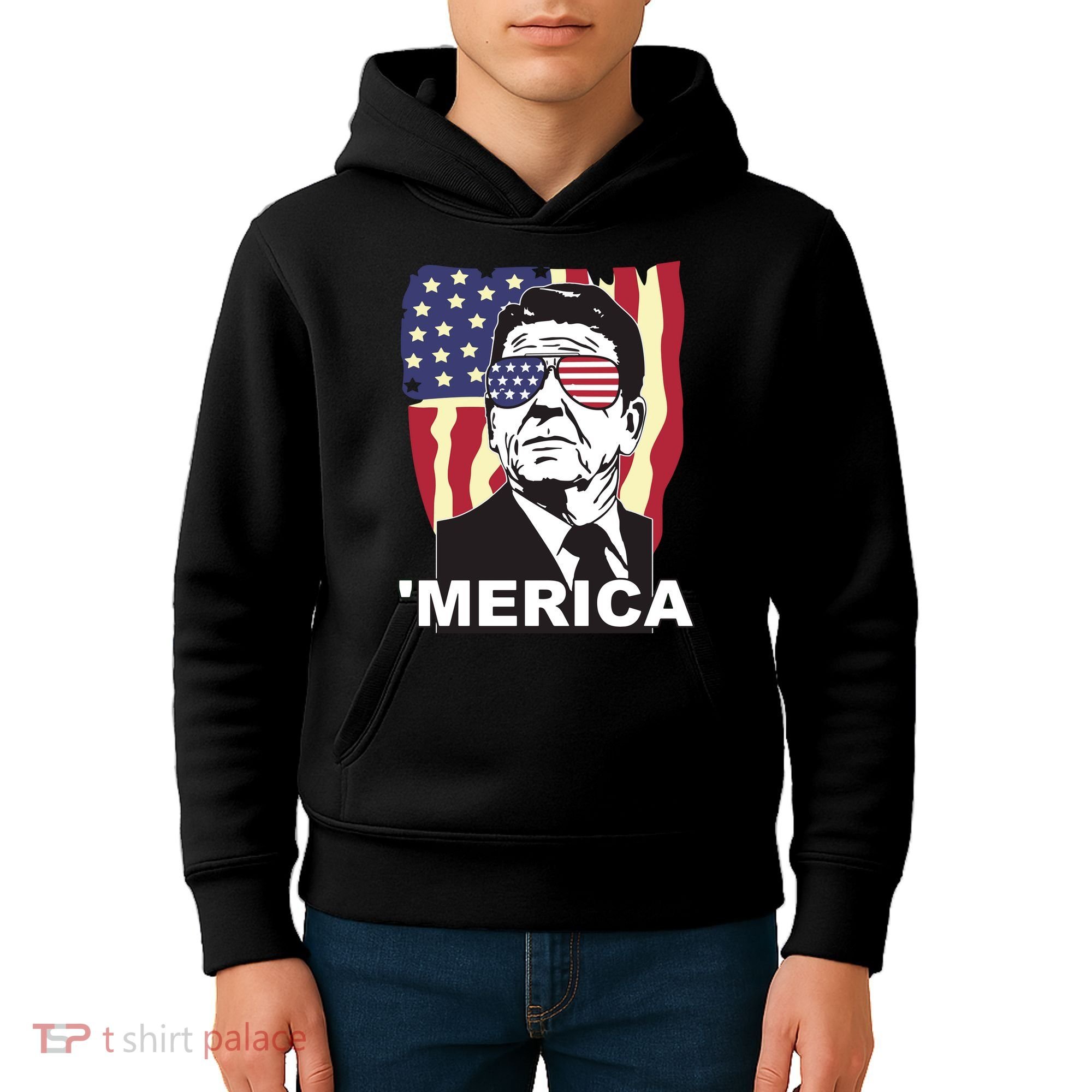 Merica Ronald Reagan Funny Usa Stars And Strips Proud American Kids Hoodie