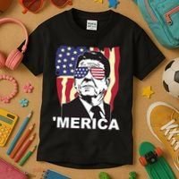 Merica Ronald Reagan Funny Usa Stars And Strips Proud American Kids T-Shirt thumb 3