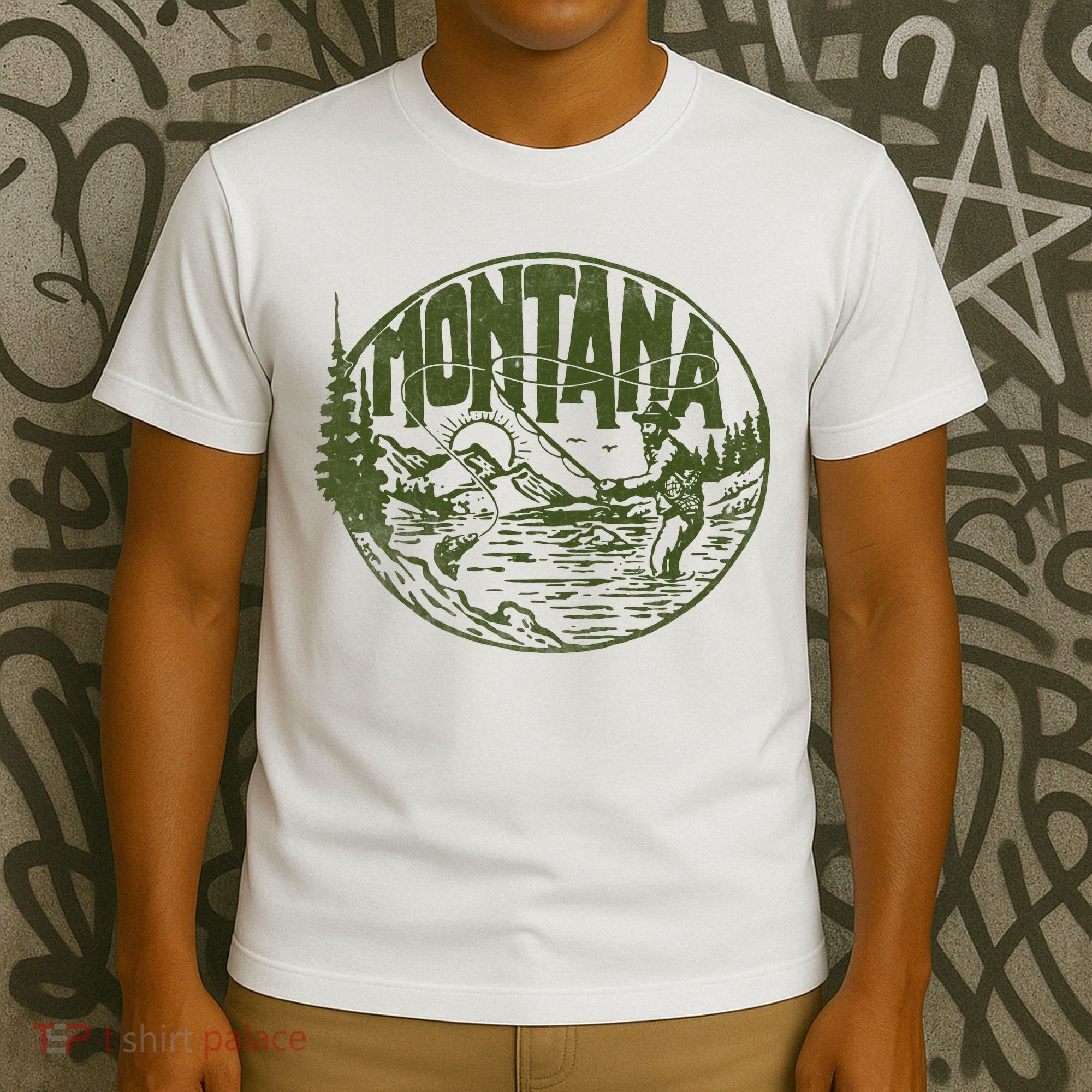 Montana Retro Trout Fishing Vintage Fly Fisherman Sketch T-Shirt