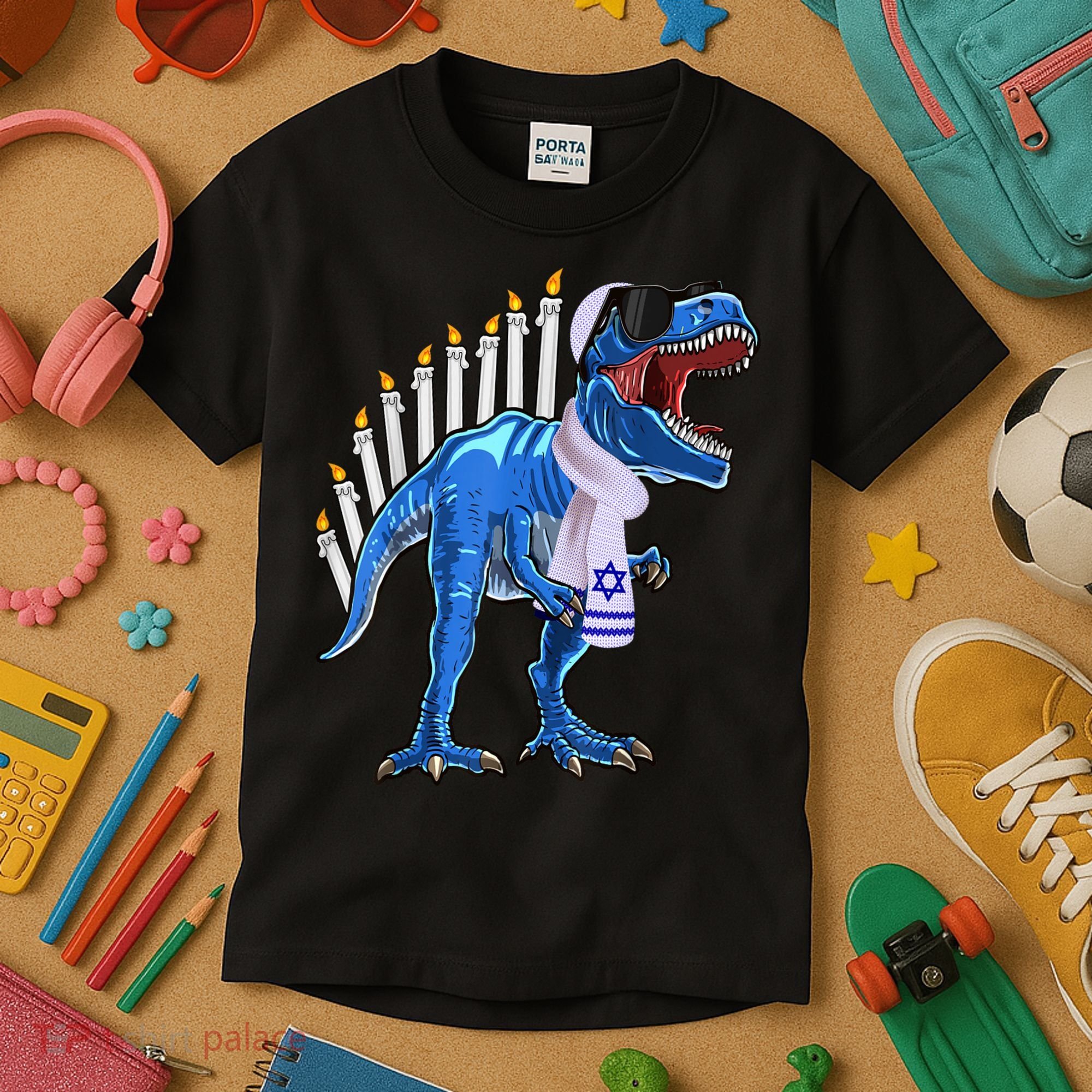 Menorasaurus Rex T Rex Dinosaur Hanukkah Gift Kids T-Shirt