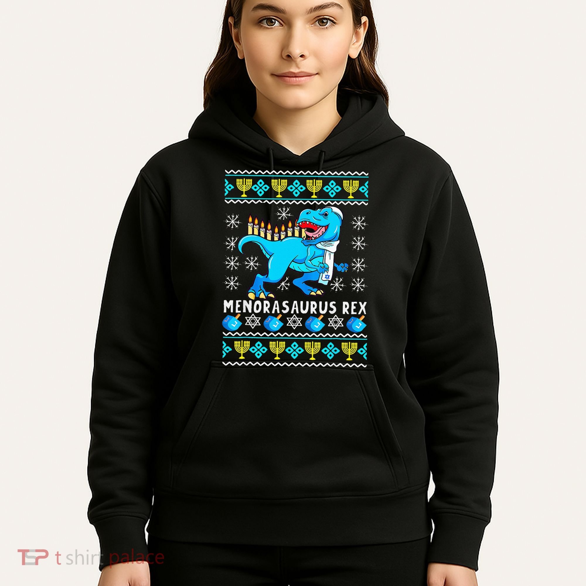 Menorasaurus Rex T Rex Dinosaur Hanukkah Hoodie