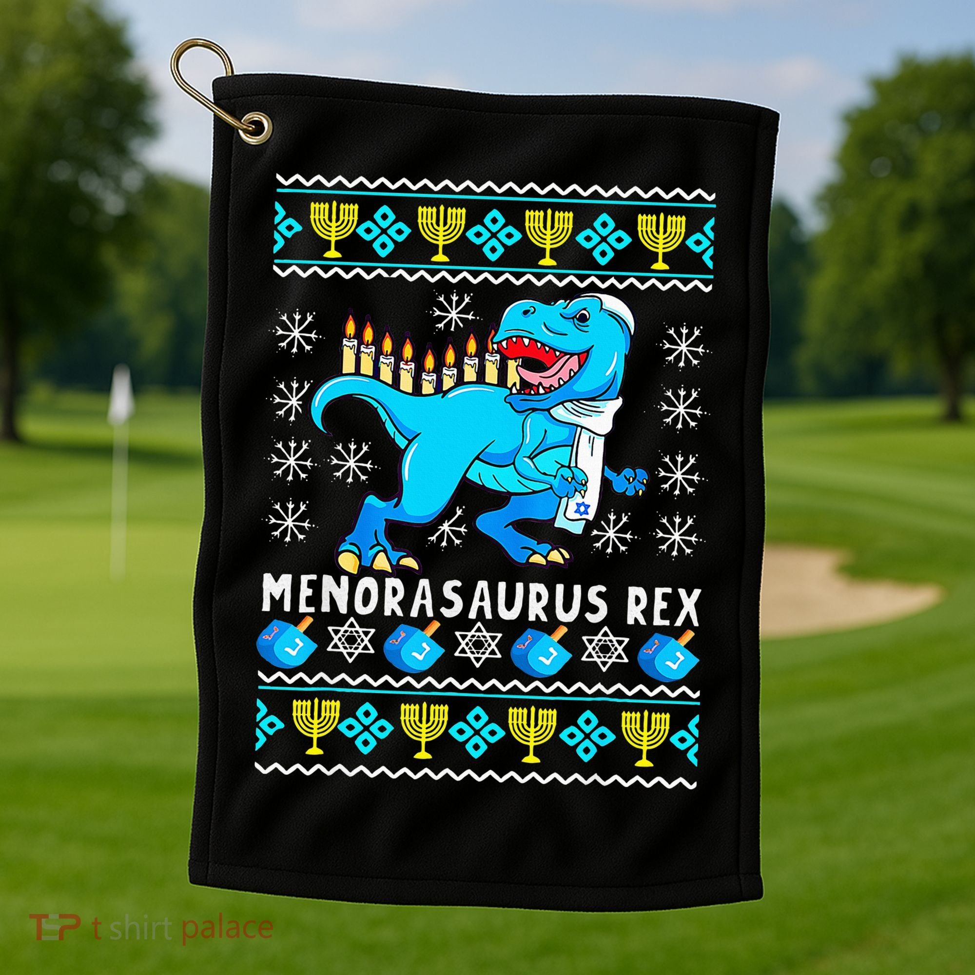 Menorasaurus Rex T Rex Dinosaur Hanukkah Golf Towel