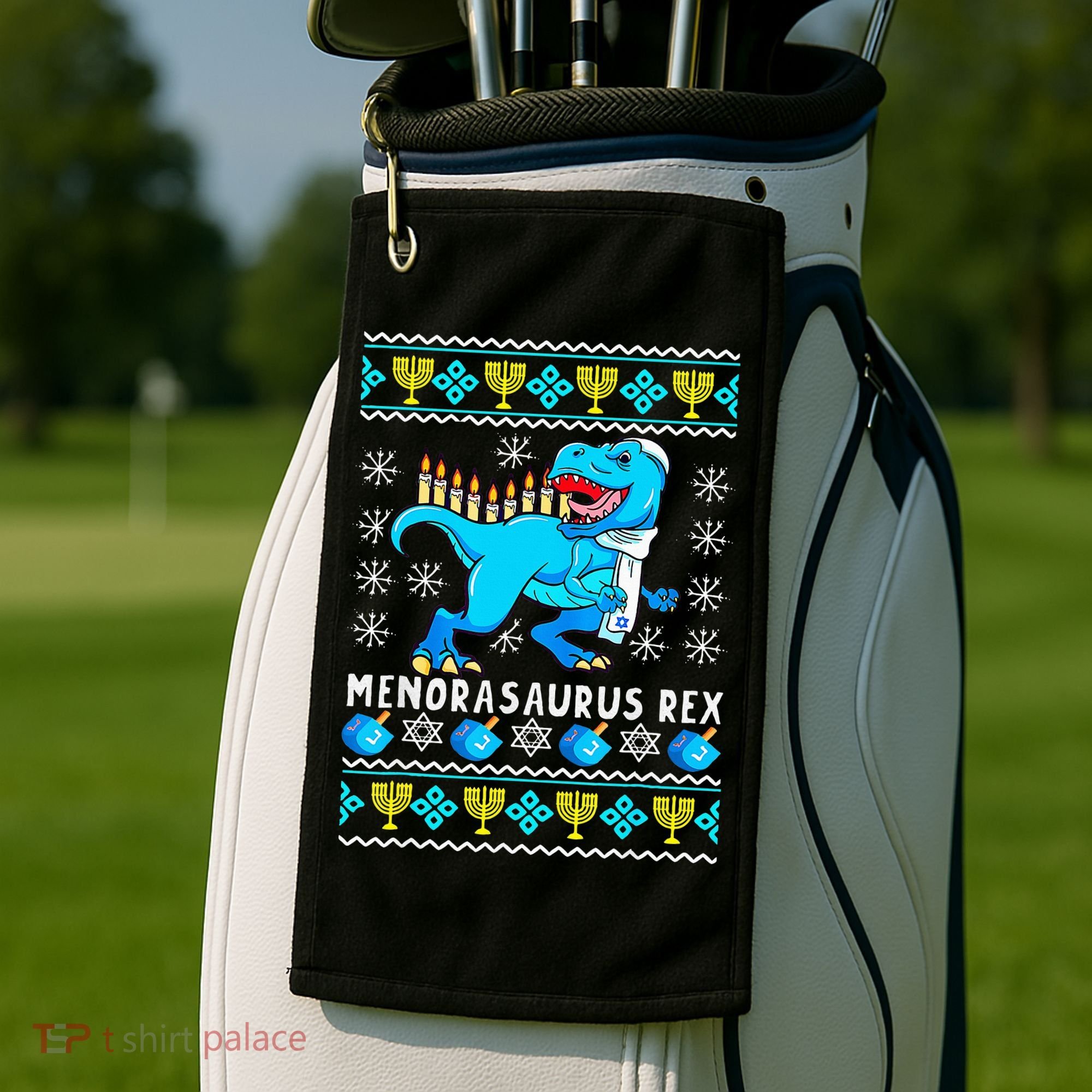 Menorasaurus Rex T Rex Dinosaur Hanukkah Golf Towel