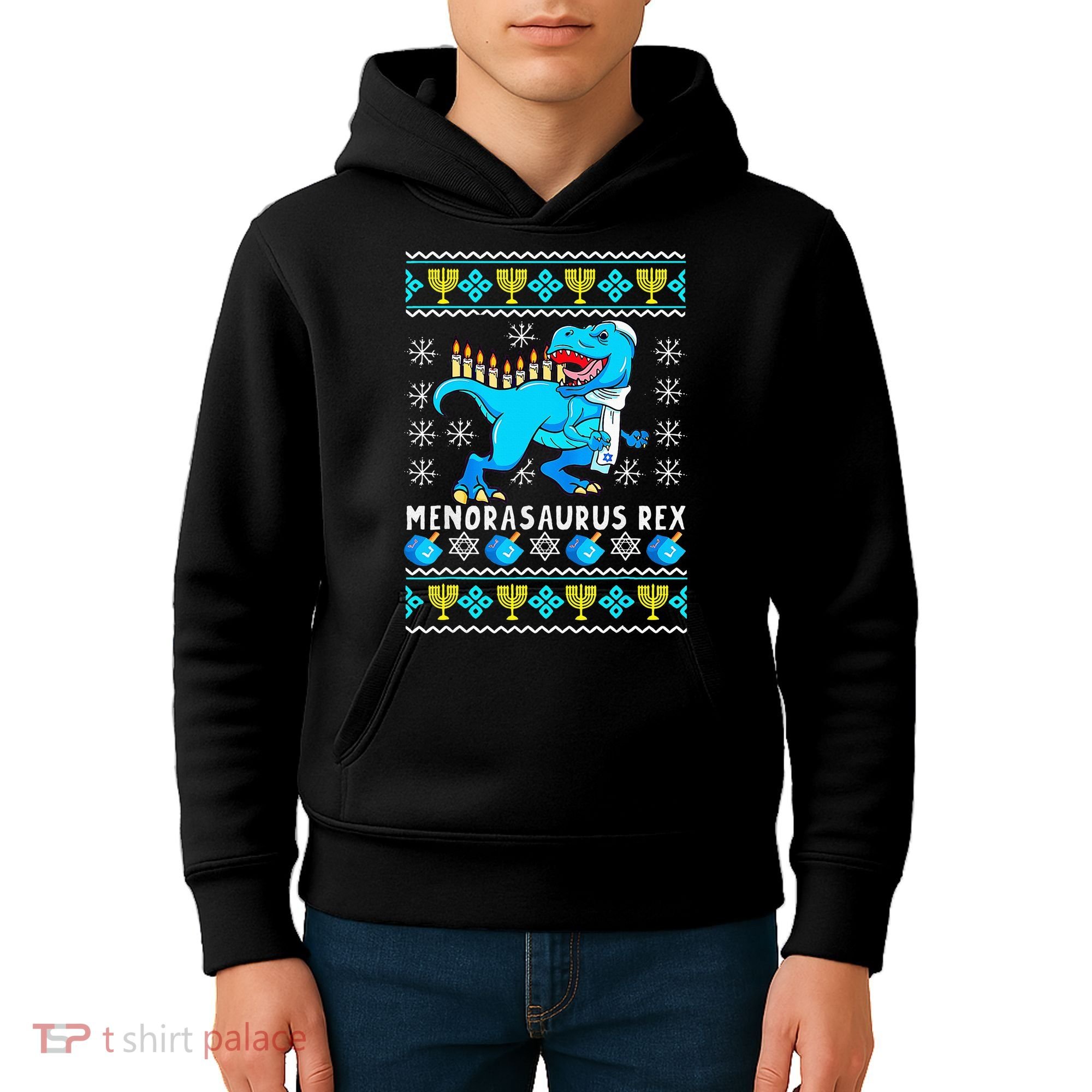 Menorasaurus Rex T Rex Dinosaur Hanukkah Kids Hoodie