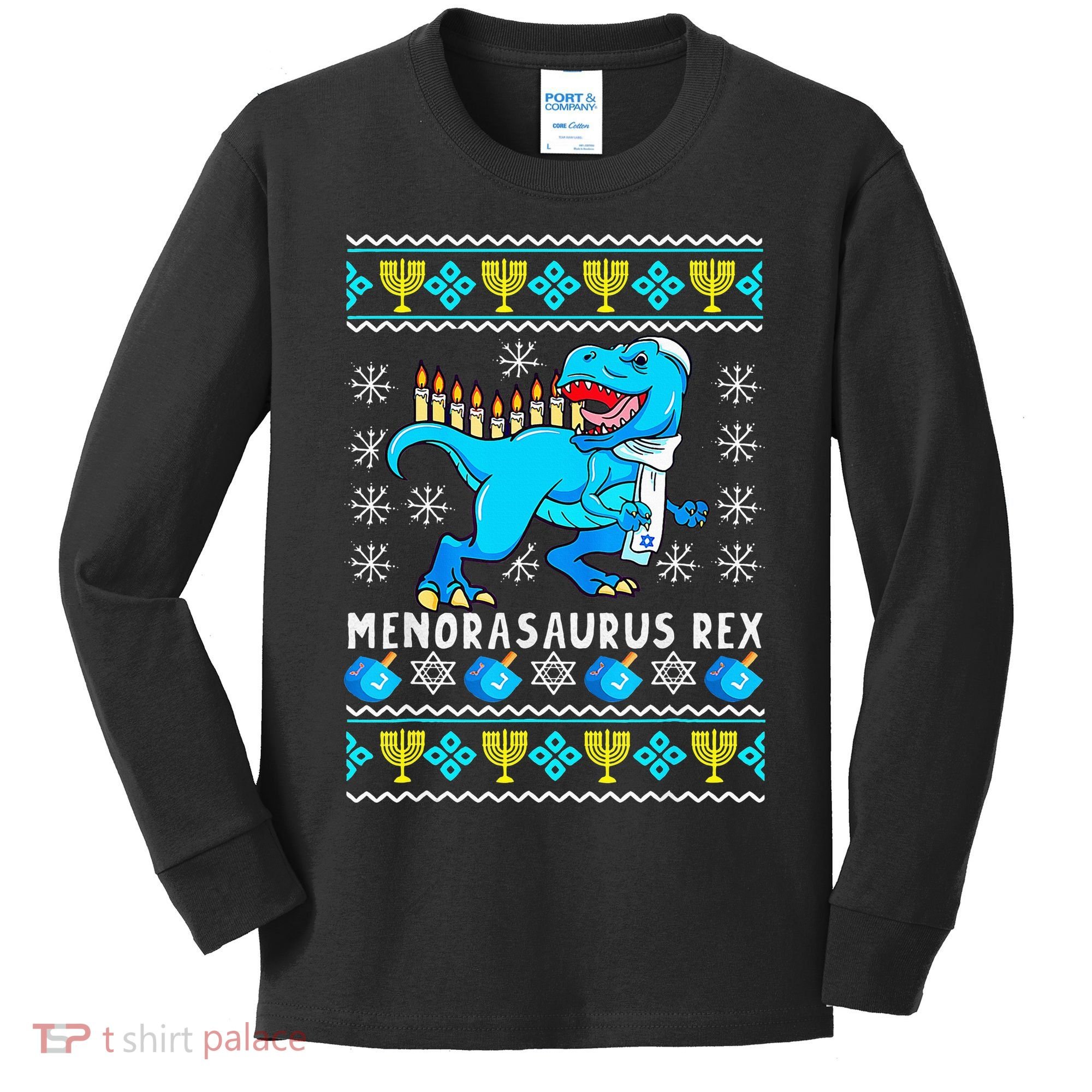 Menorasaurus Rex T Rex Dinosaur Hanukkah Kids Long Sleeve Shirt