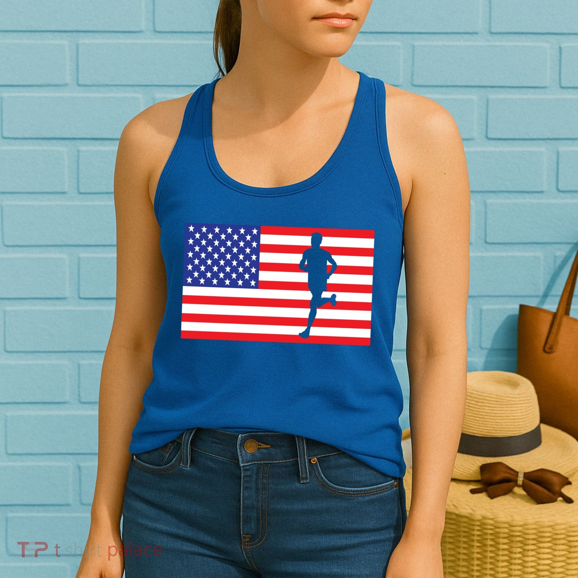 Marathon Runner Usa American Flag Race Running 4th Of July Funny Gift Women's Tank Top