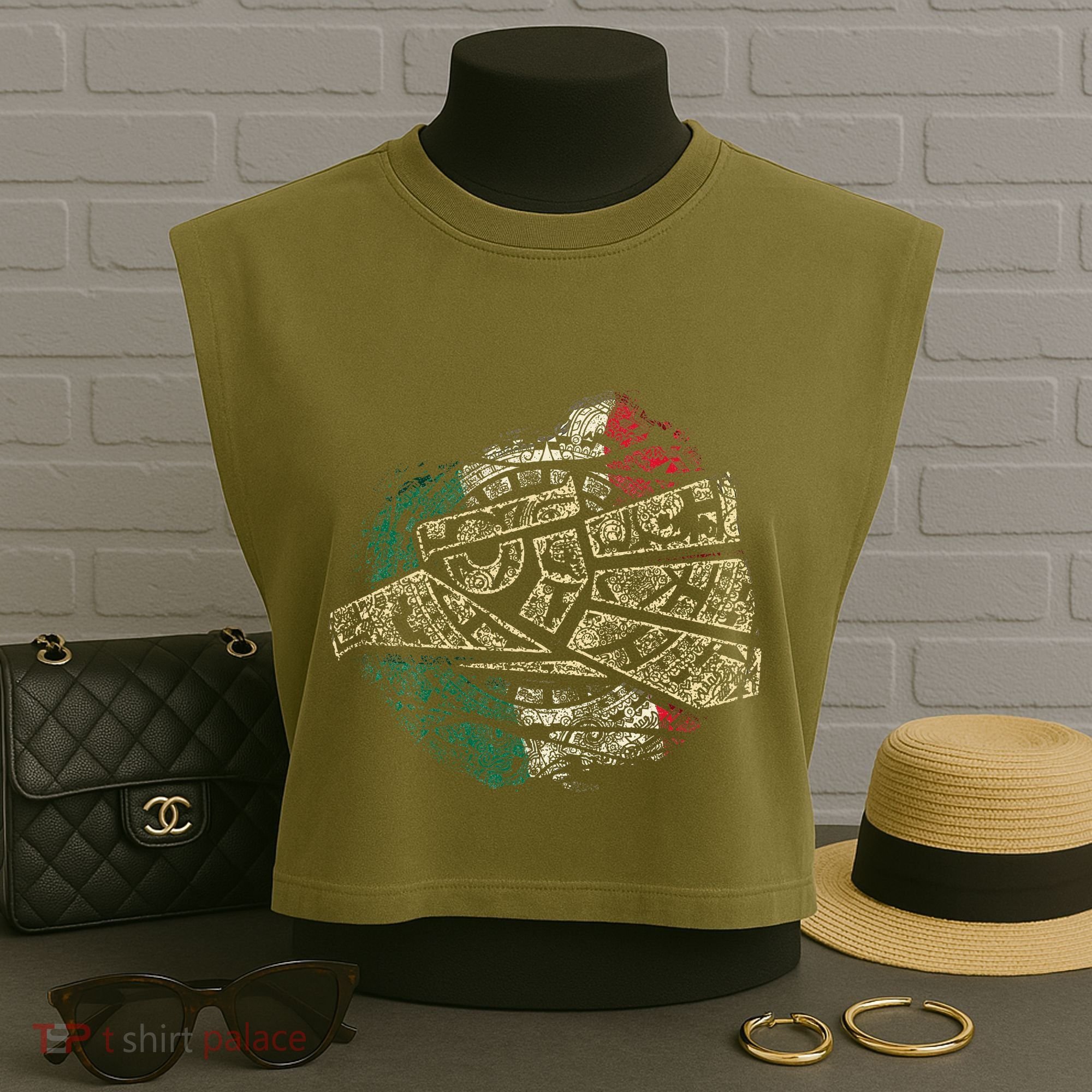 Mexico Sacred Aztec Calendar Mexican Eagle Archeological Garment-Dyed Women's Muscle Tee