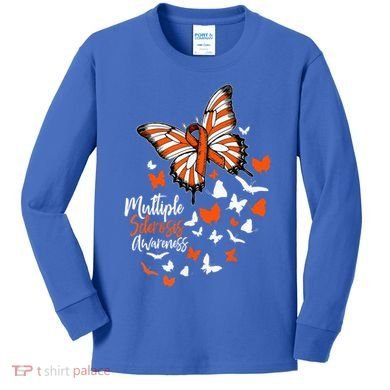 Multiple Sclerosis Awareness Butterfly Orange Ribbon  Kids Long Sleeve Shirt