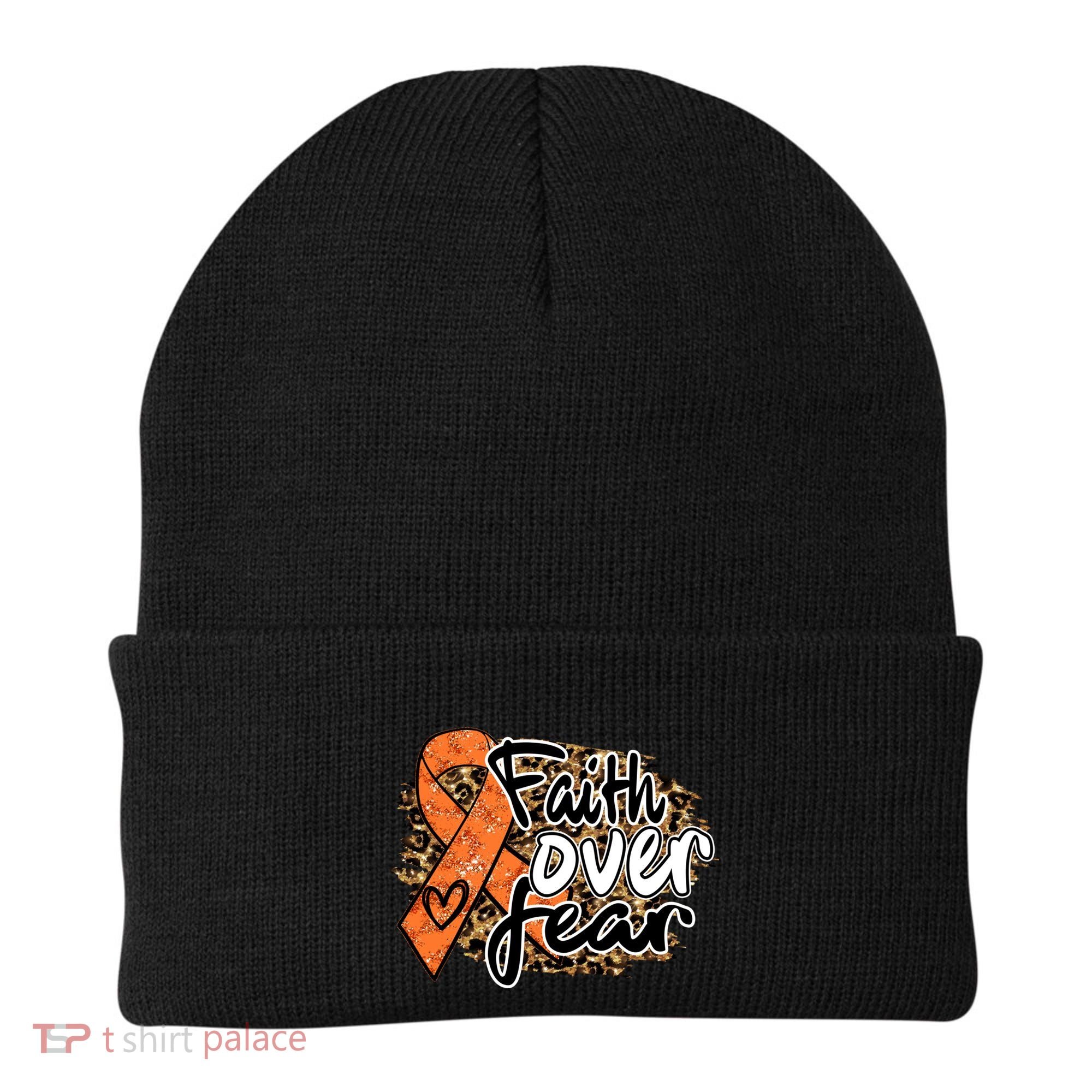 Multiple Sclerosis Awareness Ribbon Faith Over Fear Leopard Gift Beanie