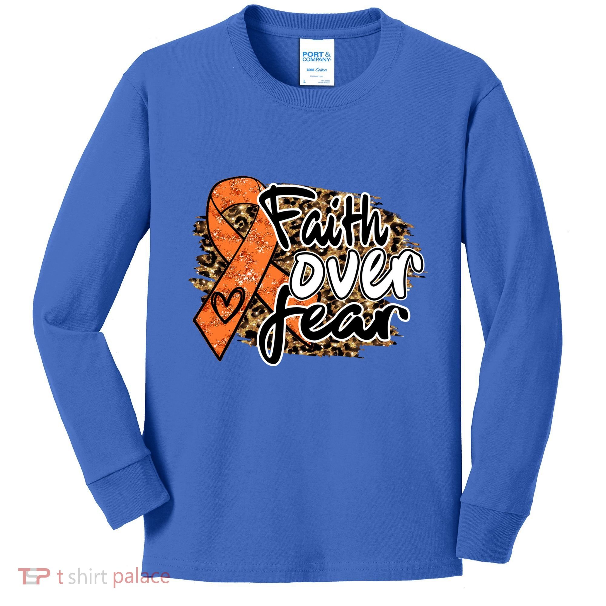 Multiple Sclerosis Awareness Ribbon Faith Over Fear Leopard Gift Kids Long Sleeve Shirt