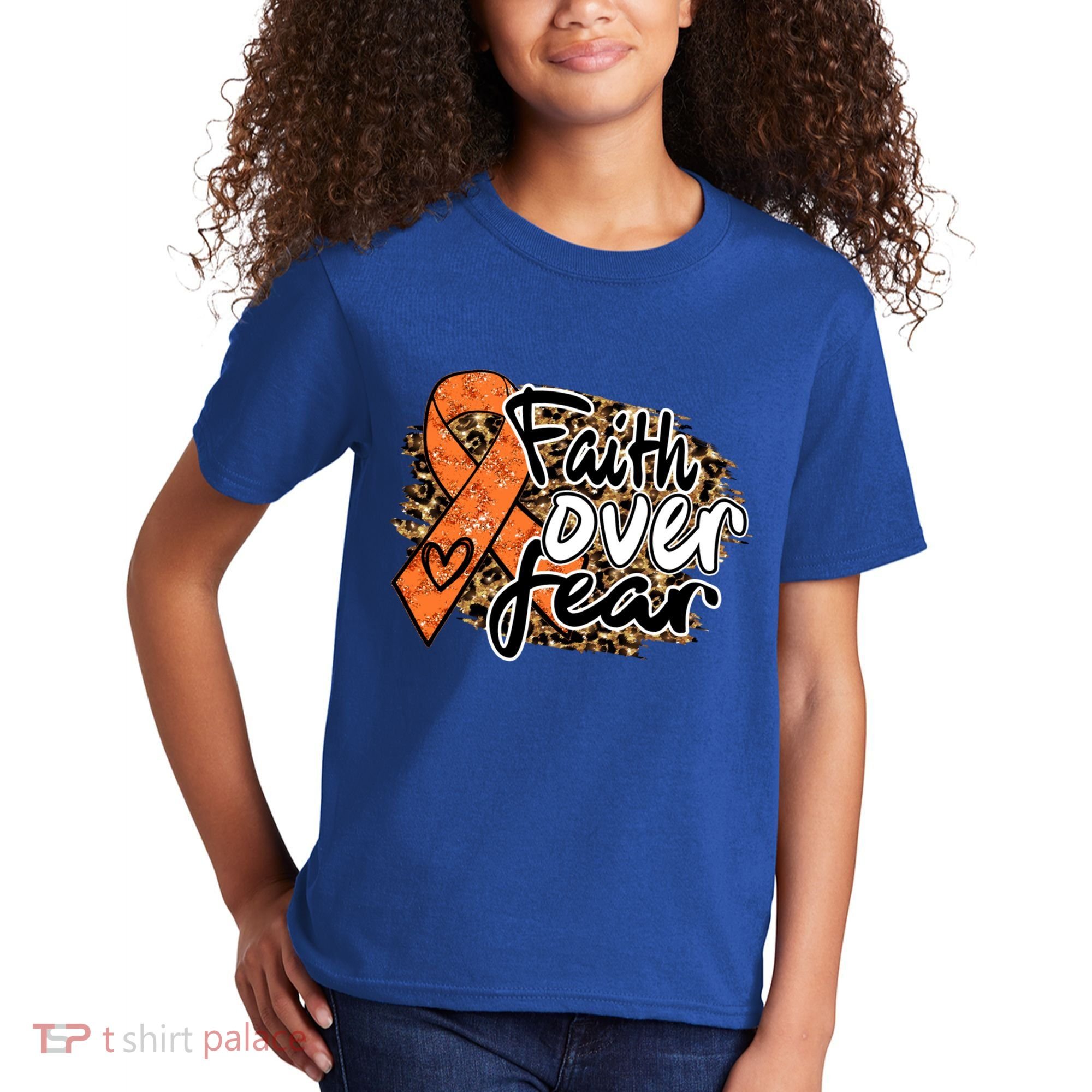 Multiple Sclerosis Awareness Ribbon Faith Over Fear Leopard Gift Kids T-Shirt