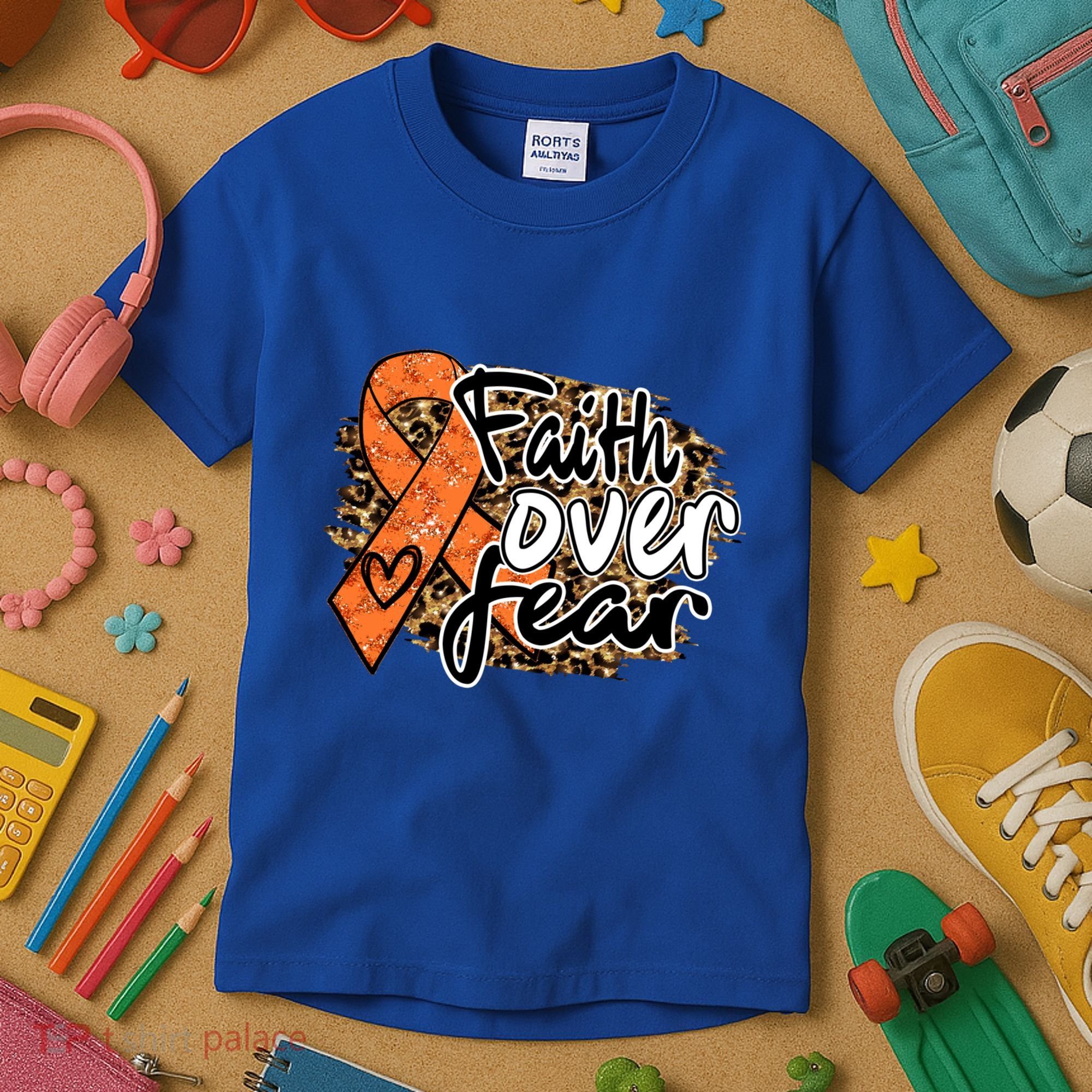Multiple Sclerosis Awareness Ribbon Faith Over Fear Leopard Gift Kids T-Shirt