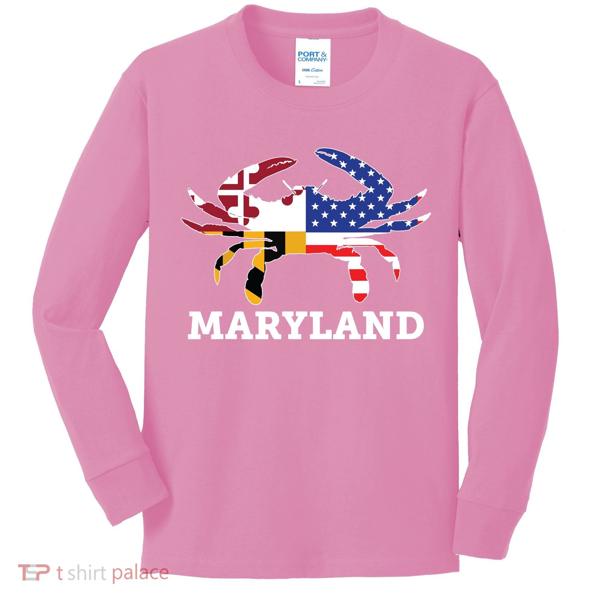 Maryland State American Usa Flag Blue Crab Kids Long Sleeve Shirt