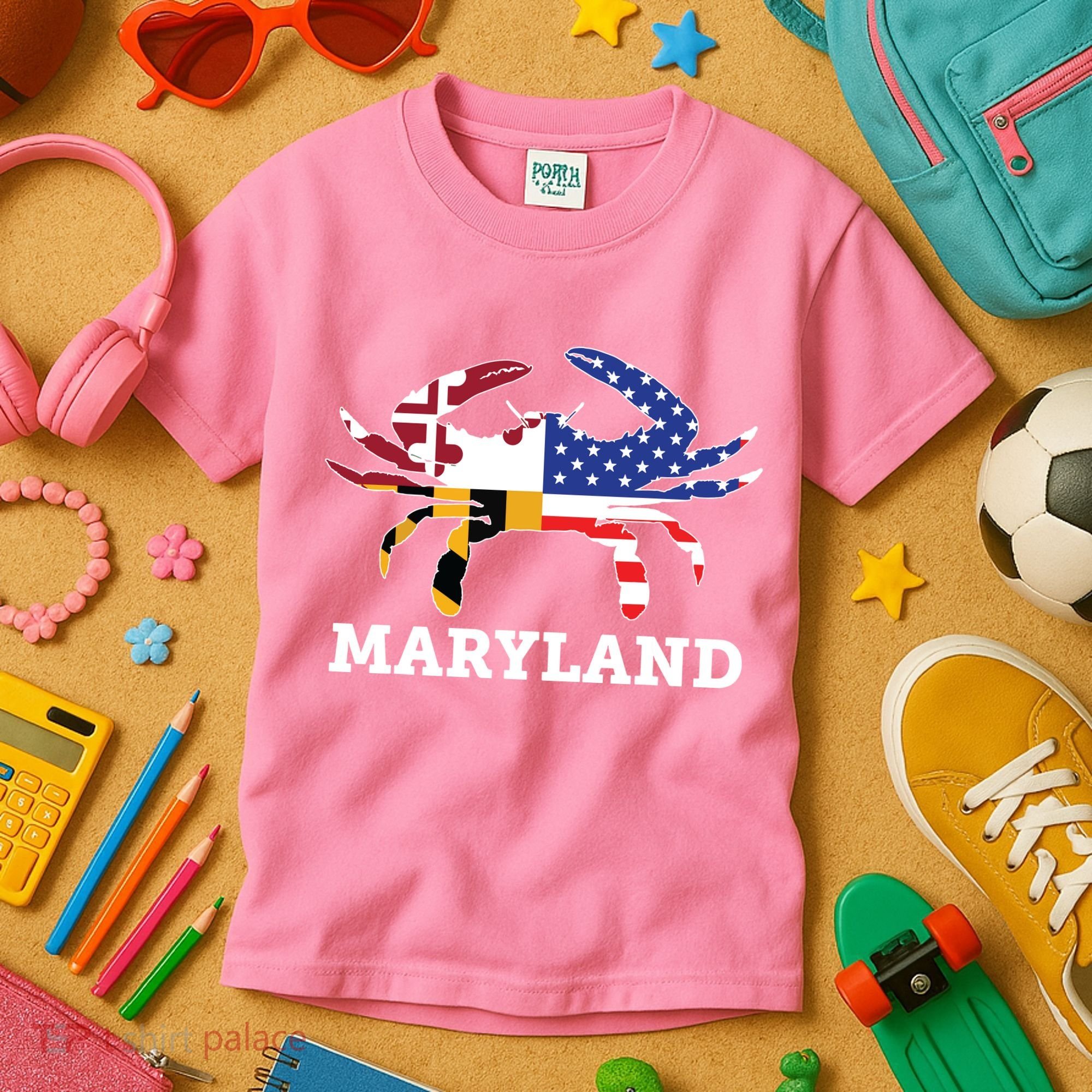 Maryland State American Usa Flag Blue Crab Kids T-Shirt