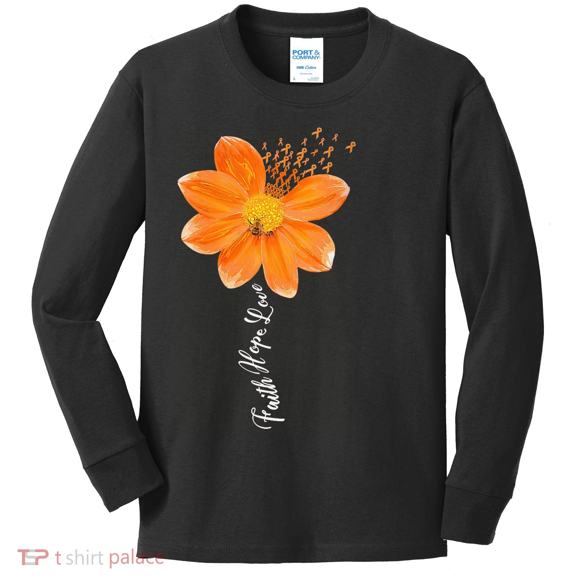 Multiple Sclerosis Awareness Orange Flower Ribbon Faith Hope Kids Long Sleeve Shirt
