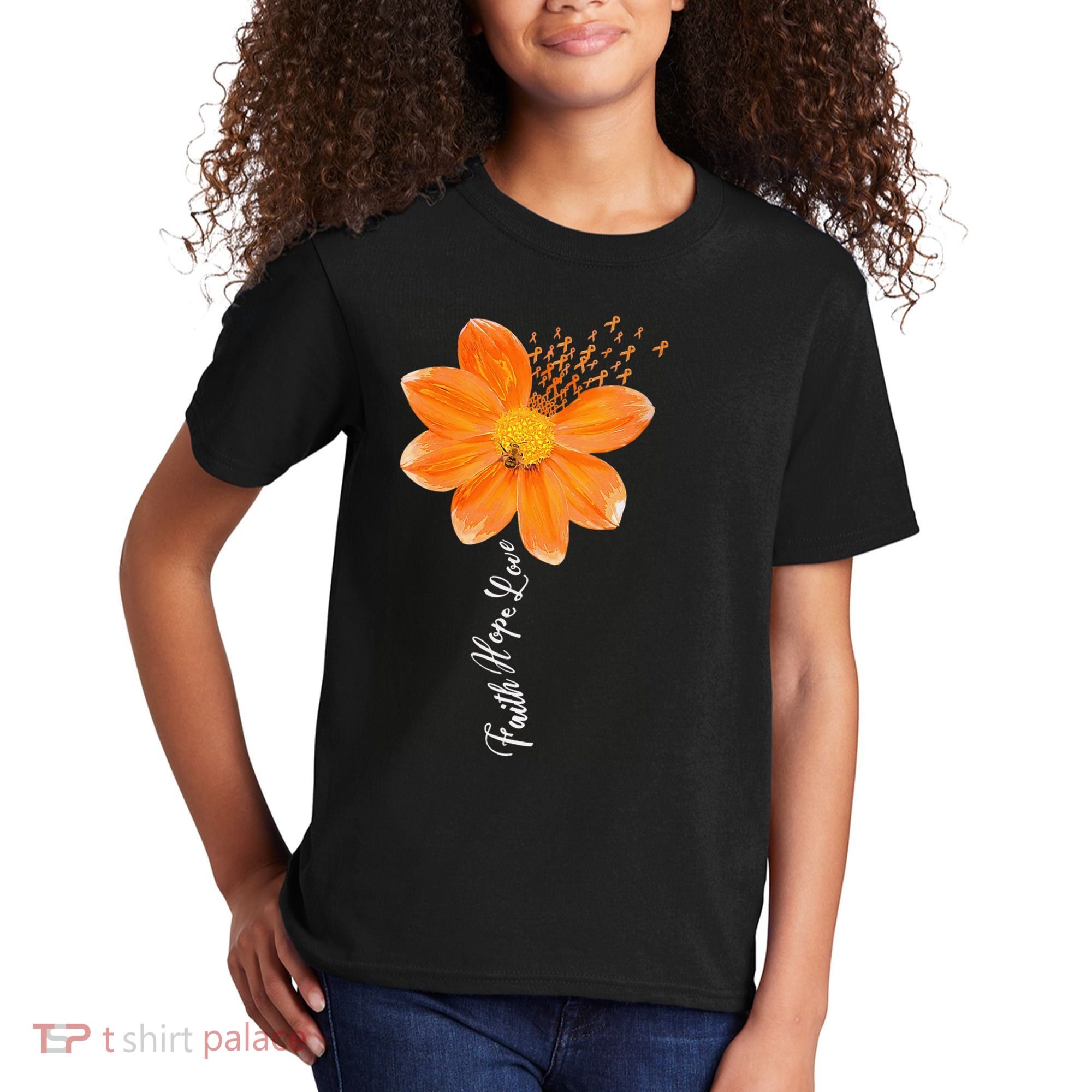 Multiple Sclerosis Awareness Orange Flower Ribbon Faith Hope Kids T-Shirt