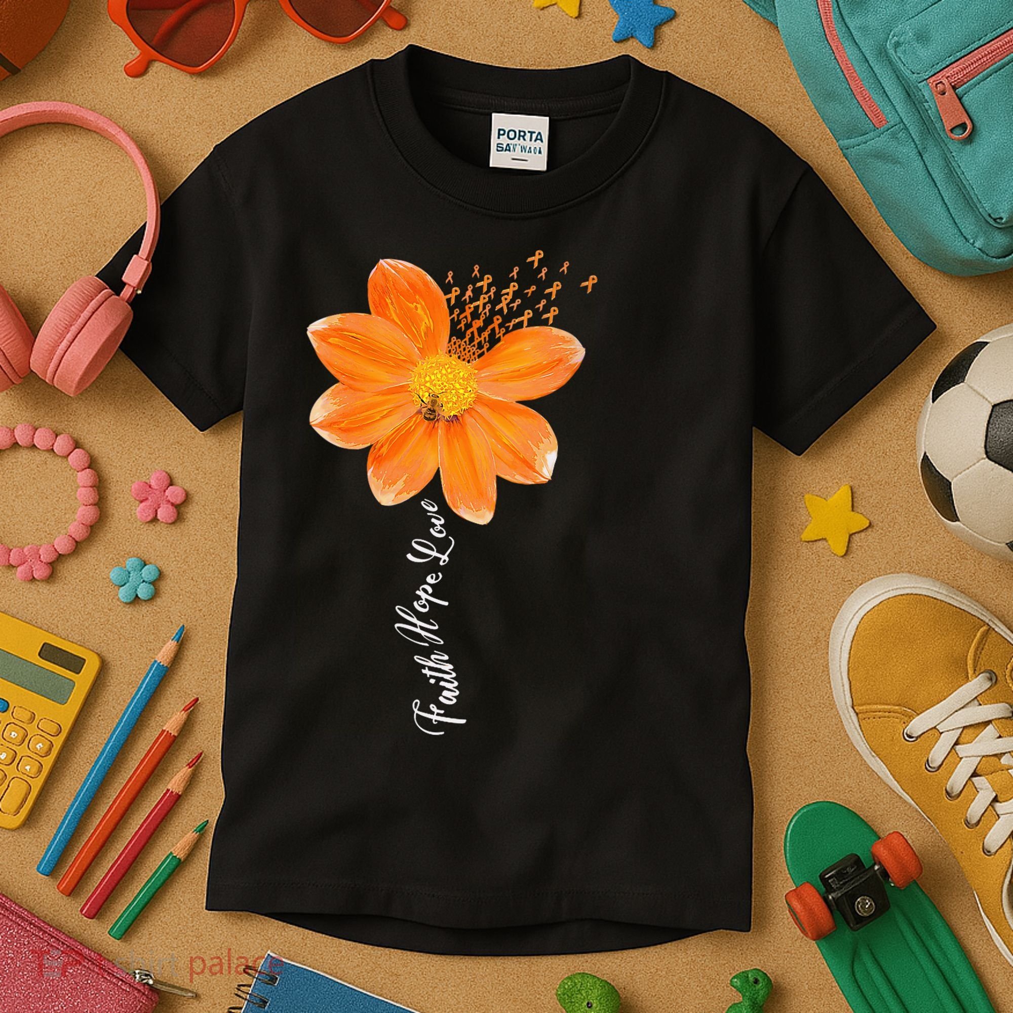 Multiple Sclerosis Awareness Orange Flower Ribbon Faith Hope Kids T-Shirt