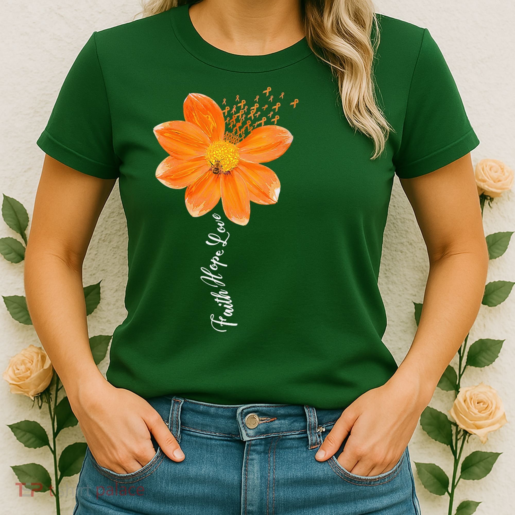 Multiple Sclerosis Awareness Orange Flower Ribbon Faith Hope Women's T-Shirt