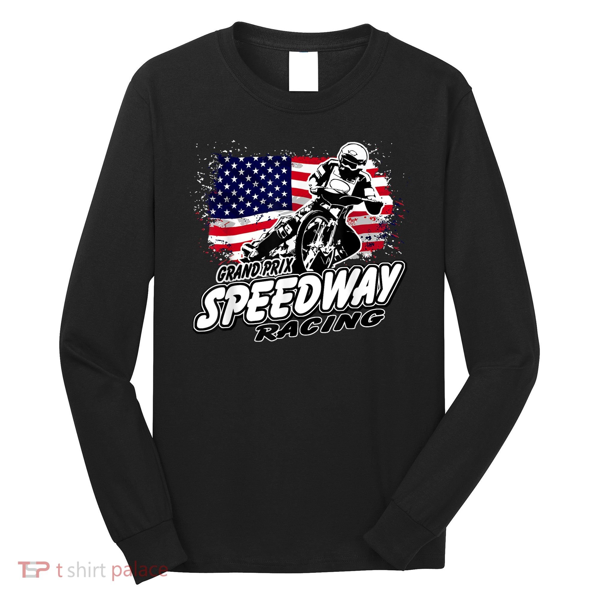 Motorcycle Speedway American Flag Flat Track Race Long Sleeve Shirt