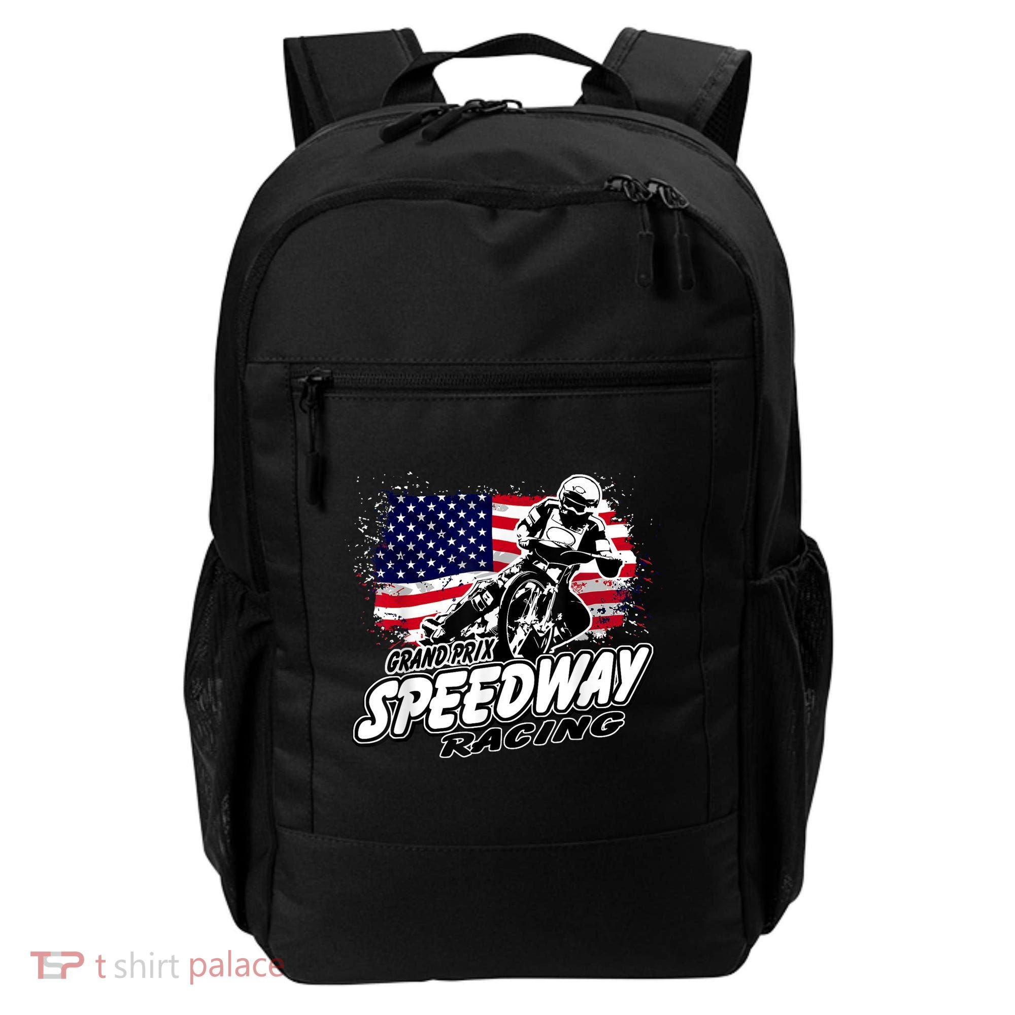 Motorcycle Speedway American Flag Flat Track Race Backpack