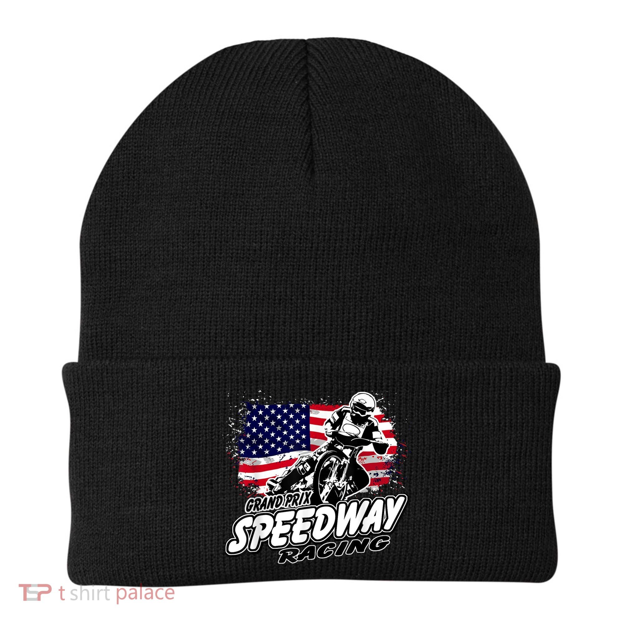 Motorcycle Speedway American Flag Flat Track Race Beanie