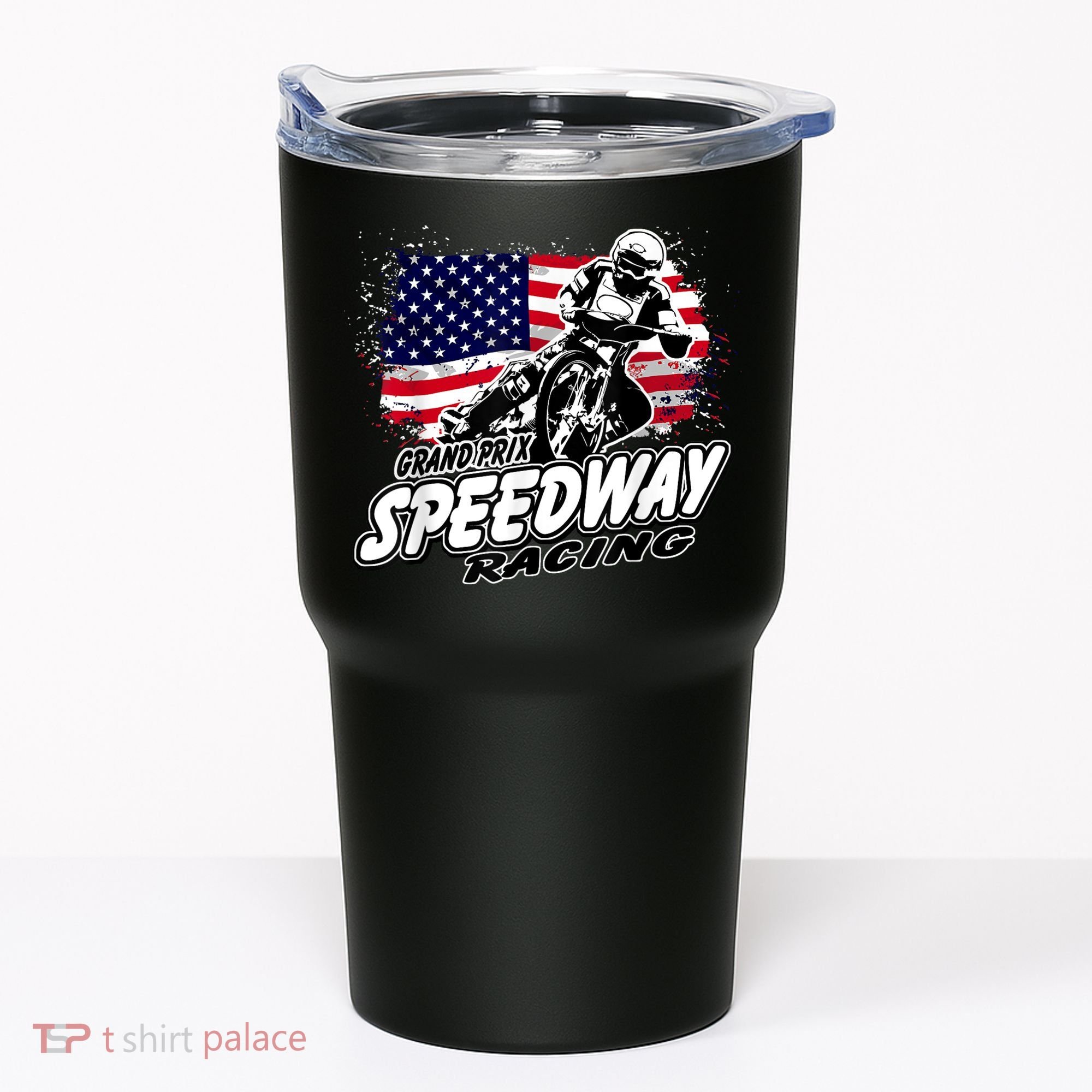 Motorcycle Speedway American Flag Flat Track Race Tumbler