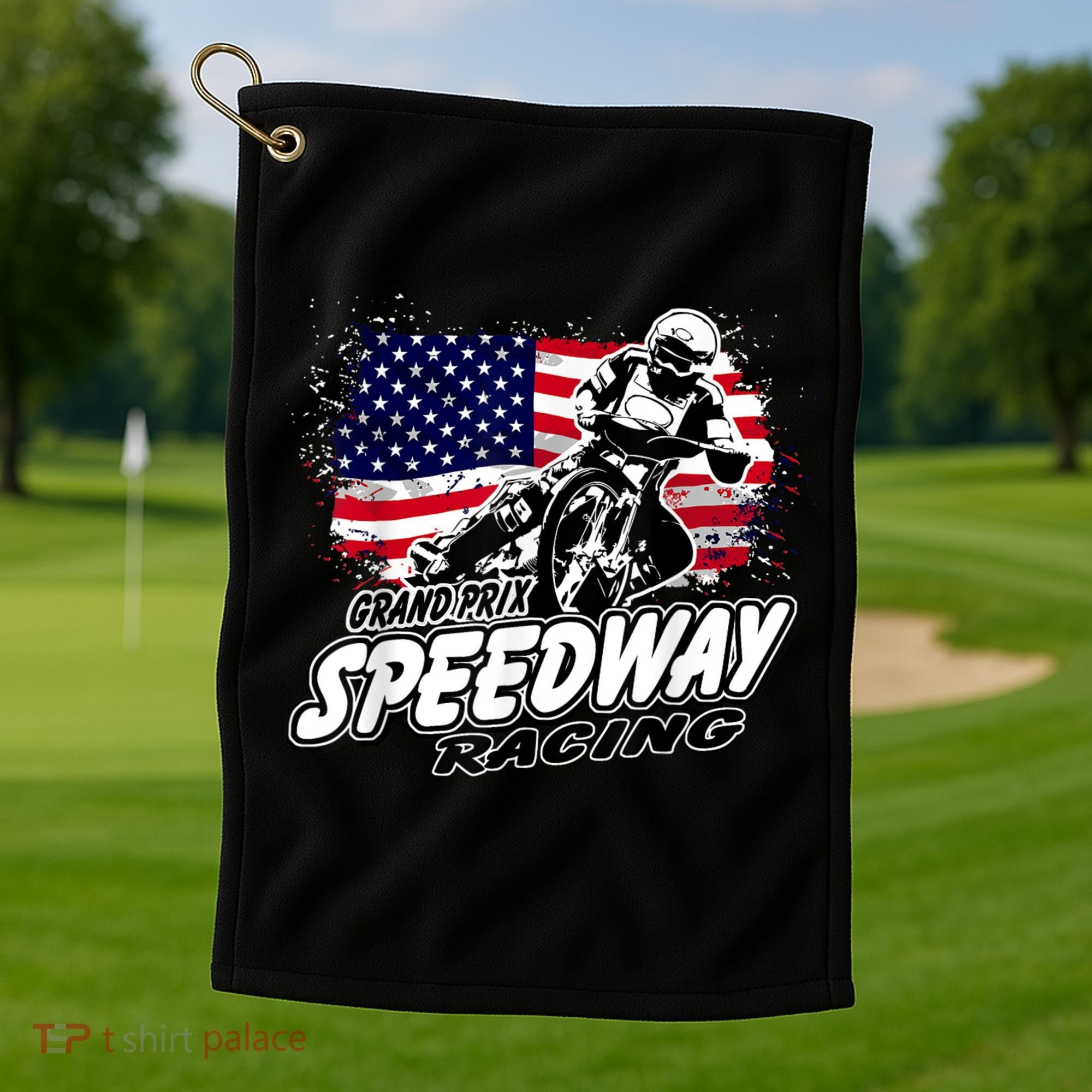 Motorcycle Speedway American Flag Flat Track Race Golf Towel