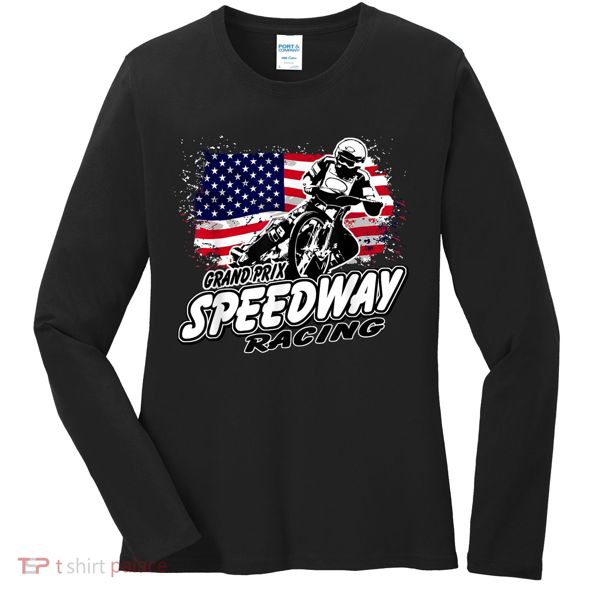 Motorcycle Speedway American Flag Flat Track Race Women's Long Sleeve Shirt