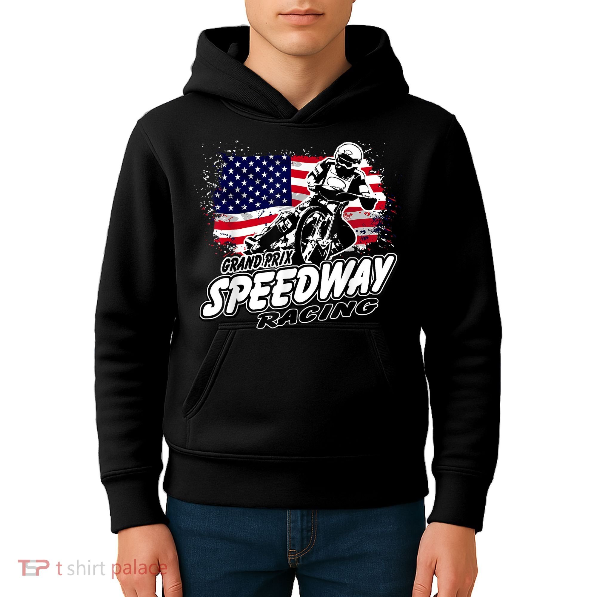 Motorcycle Speedway American Flag Flat Track Race Kids Hoodie