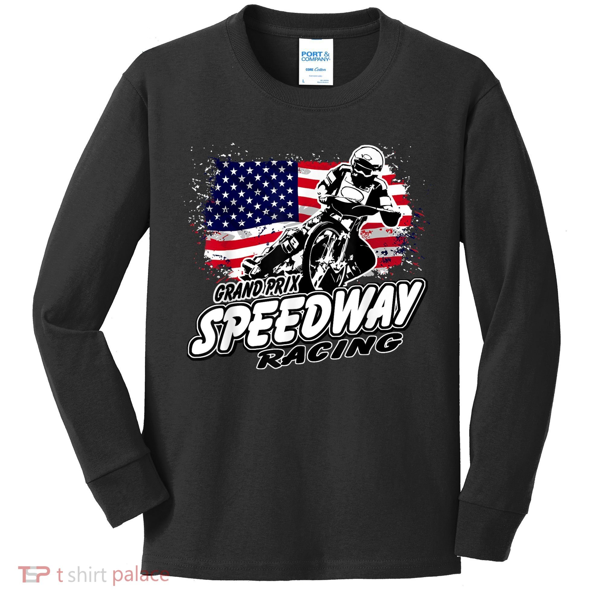 Motorcycle Speedway American Flag Flat Track Race Kids Long Sleeve Shirt