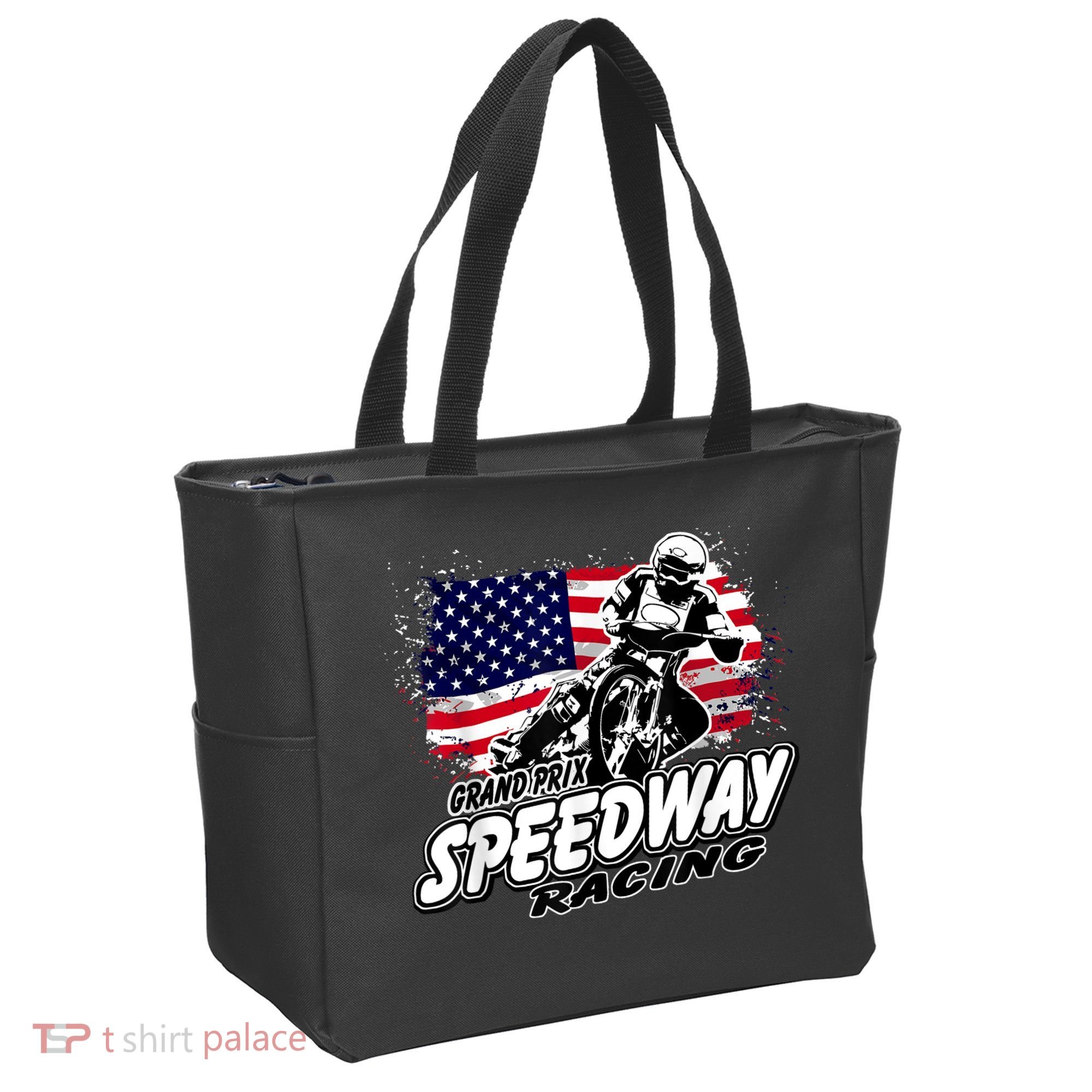 Motorcycle Speedway American Flag Flat Track Race Tote Bag