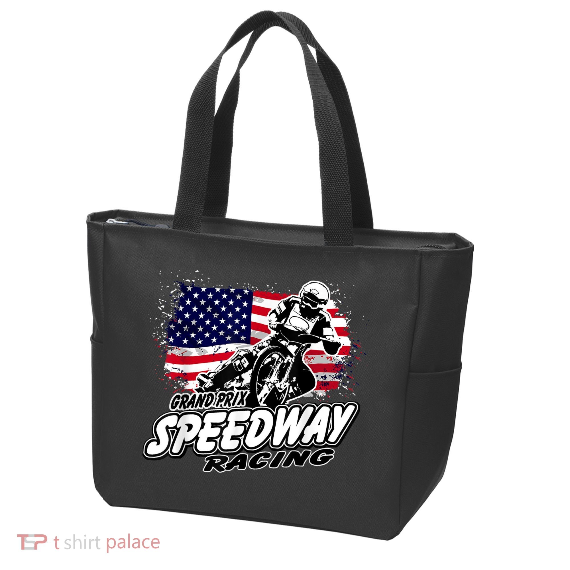 Motorcycle Speedway American Flag Flat Track Race Tote Bag