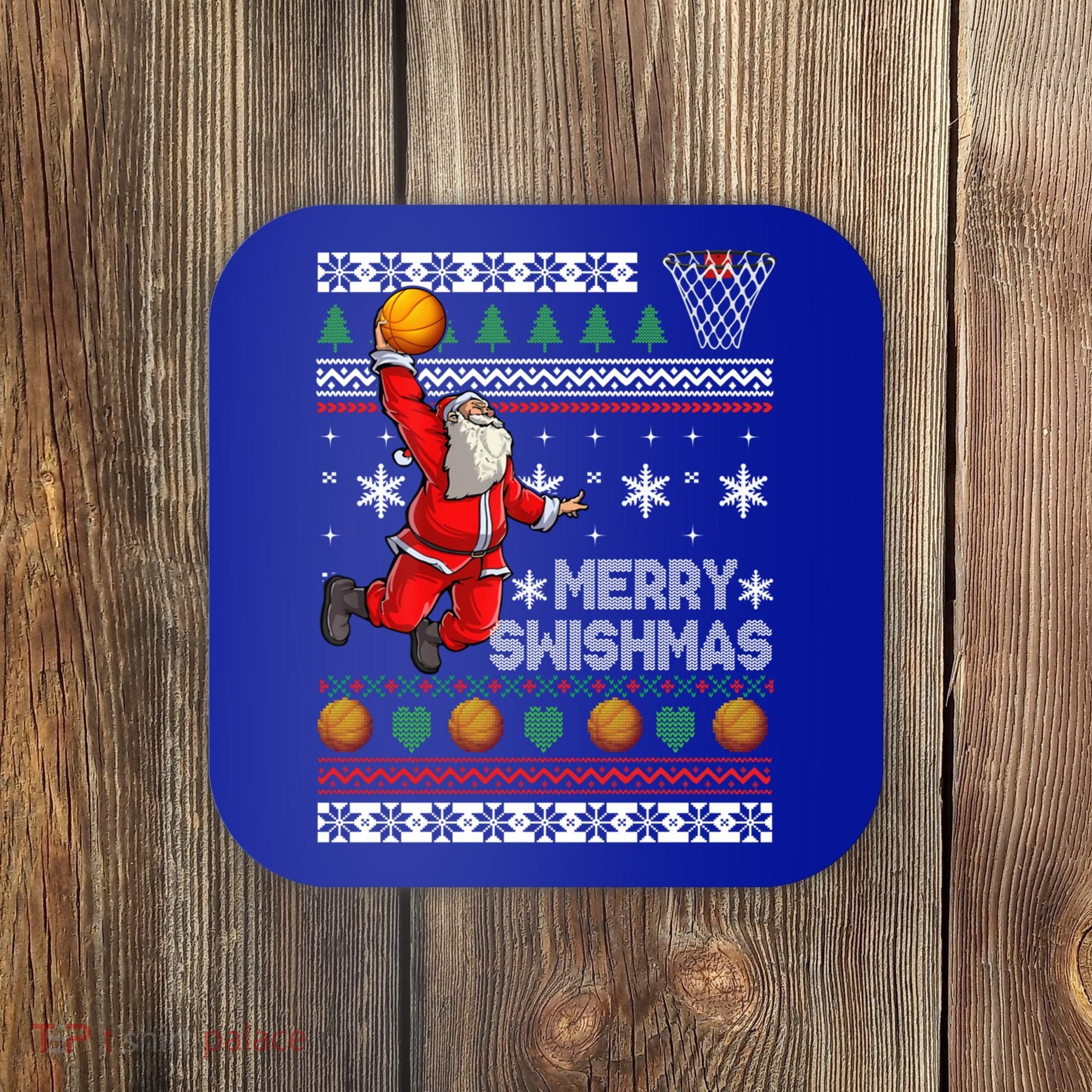 Merry Swishmas Basketball Christmas Sweater Plaid Xmas Santa Gift Coaster