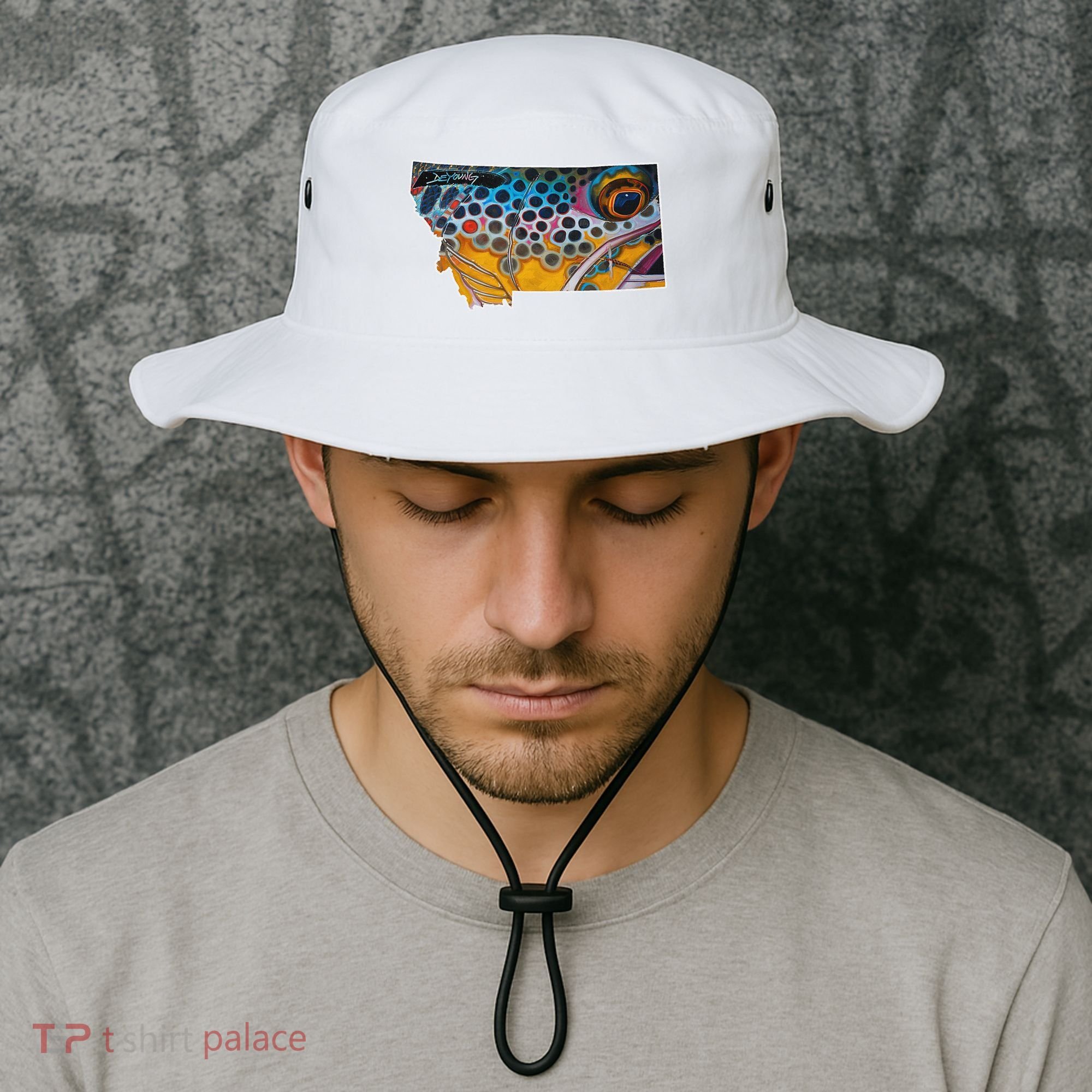 Montana Shape Brown Trout Fish D.E.R.E.K D.E.Y.O.U.N.G Art Bucket Hat