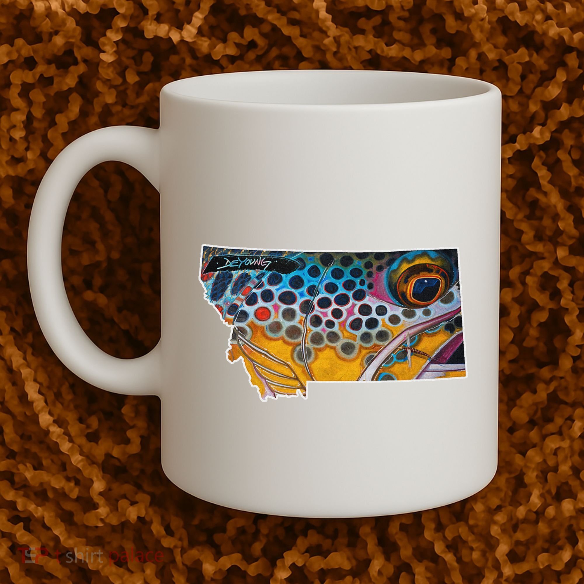 Montana Shape Brown Trout Fish D.E.R.E.K D.E.Y.O.U.N.G Art Coffee Mug