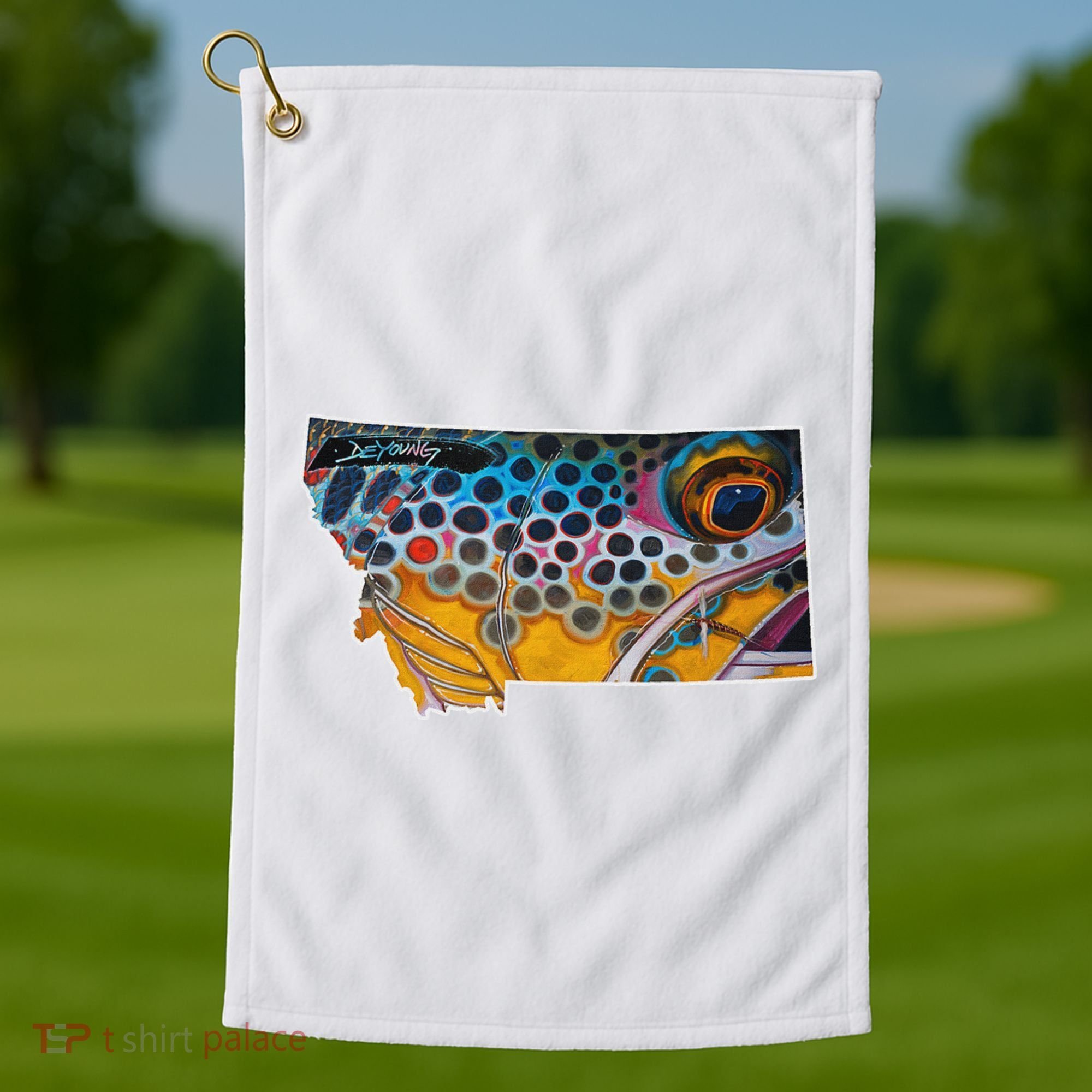 Montana Shape Brown Trout Fish D.E.R.E.K D.E.Y.O.U.N.G Art Golf Towel