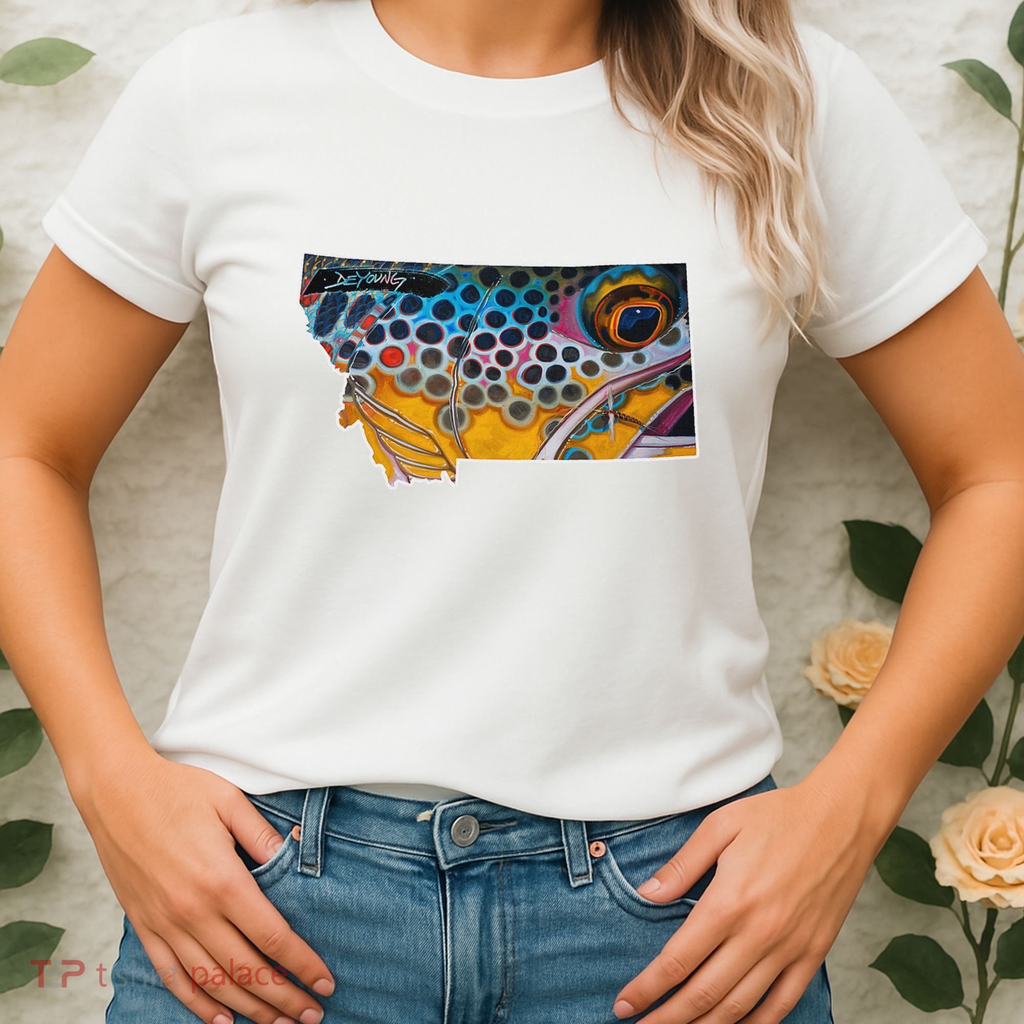 Montana Shape Brown Trout Fish D.E.R.E.K D.E.Y.O.U.N.G Art Women's T-Shirt