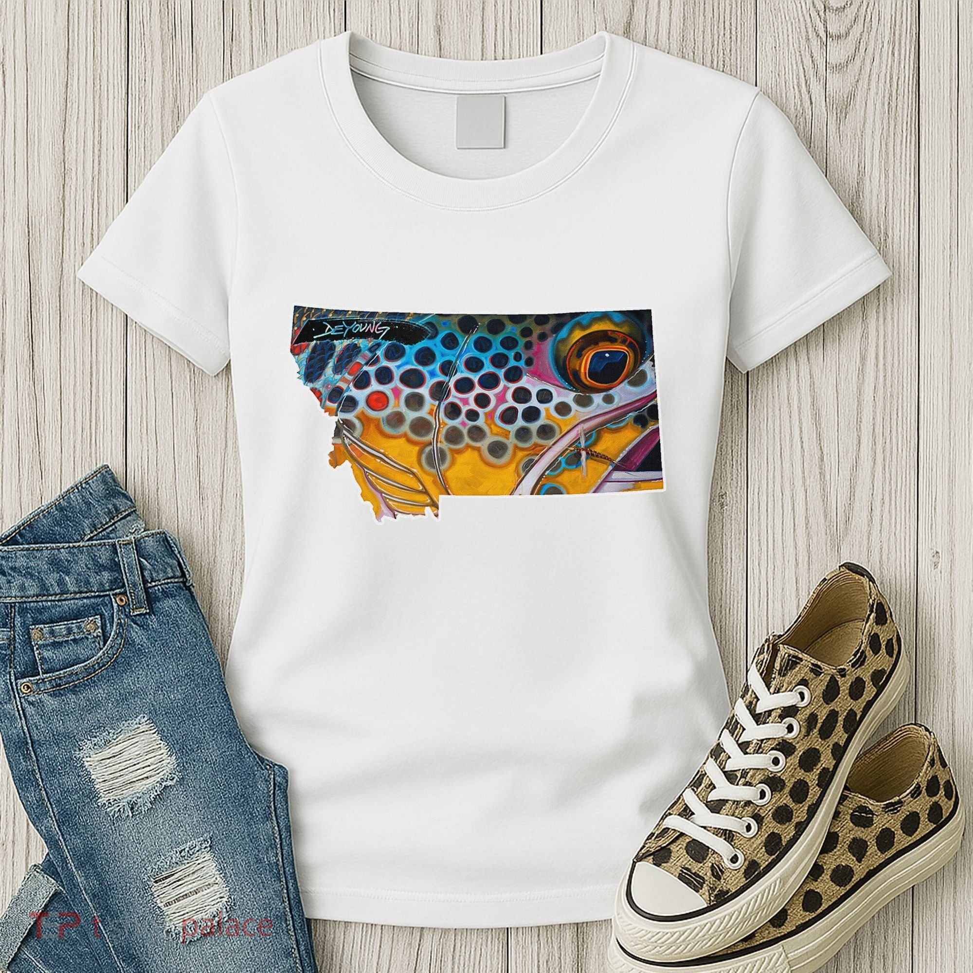 Montana Shape Brown Trout Fish D.E.R.E.K D.E.Y.O.U.N.G Art Women's T-Shirt