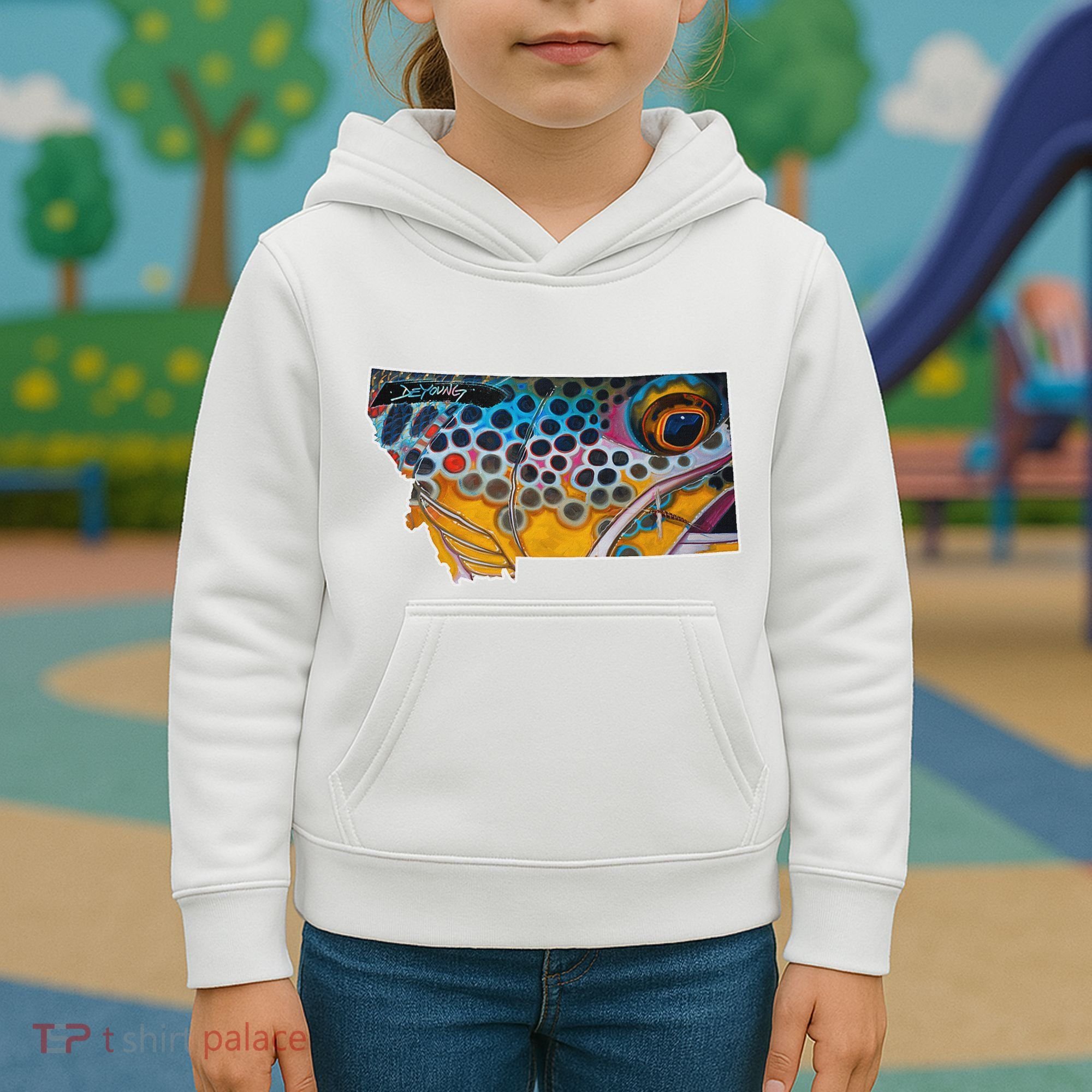 Montana Shape Brown Trout Fish D.E.R.E.K D.E.Y.O.U.N.G Art Kids Hoodie