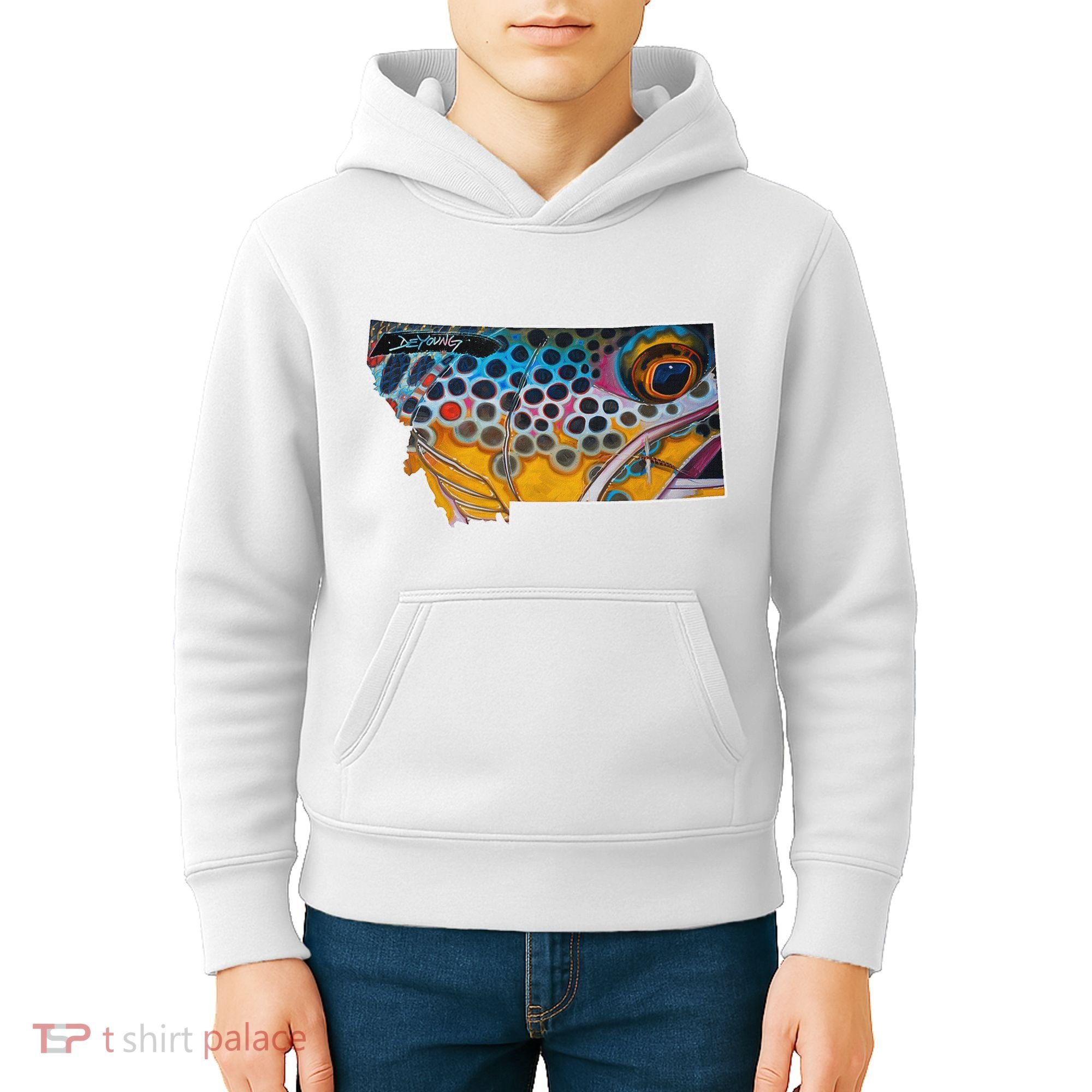 Montana Shape Brown Trout Fish D.E.R.E.K D.E.Y.O.U.N.G Art Kids Hoodie