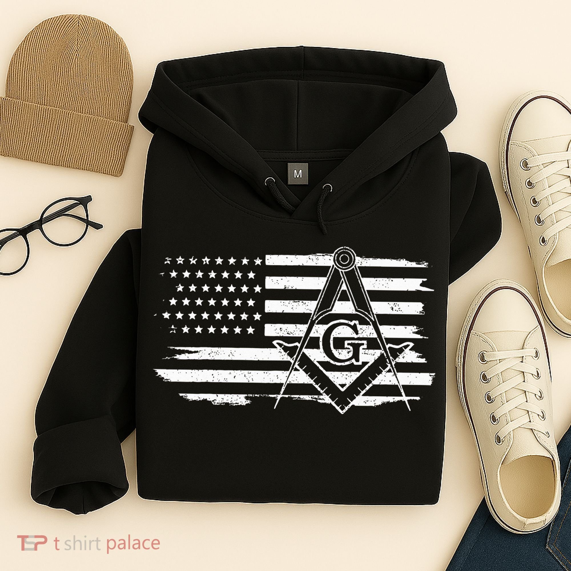 Mason Square & Compass Masonic Us Flag Freemason Shriner Hoodie