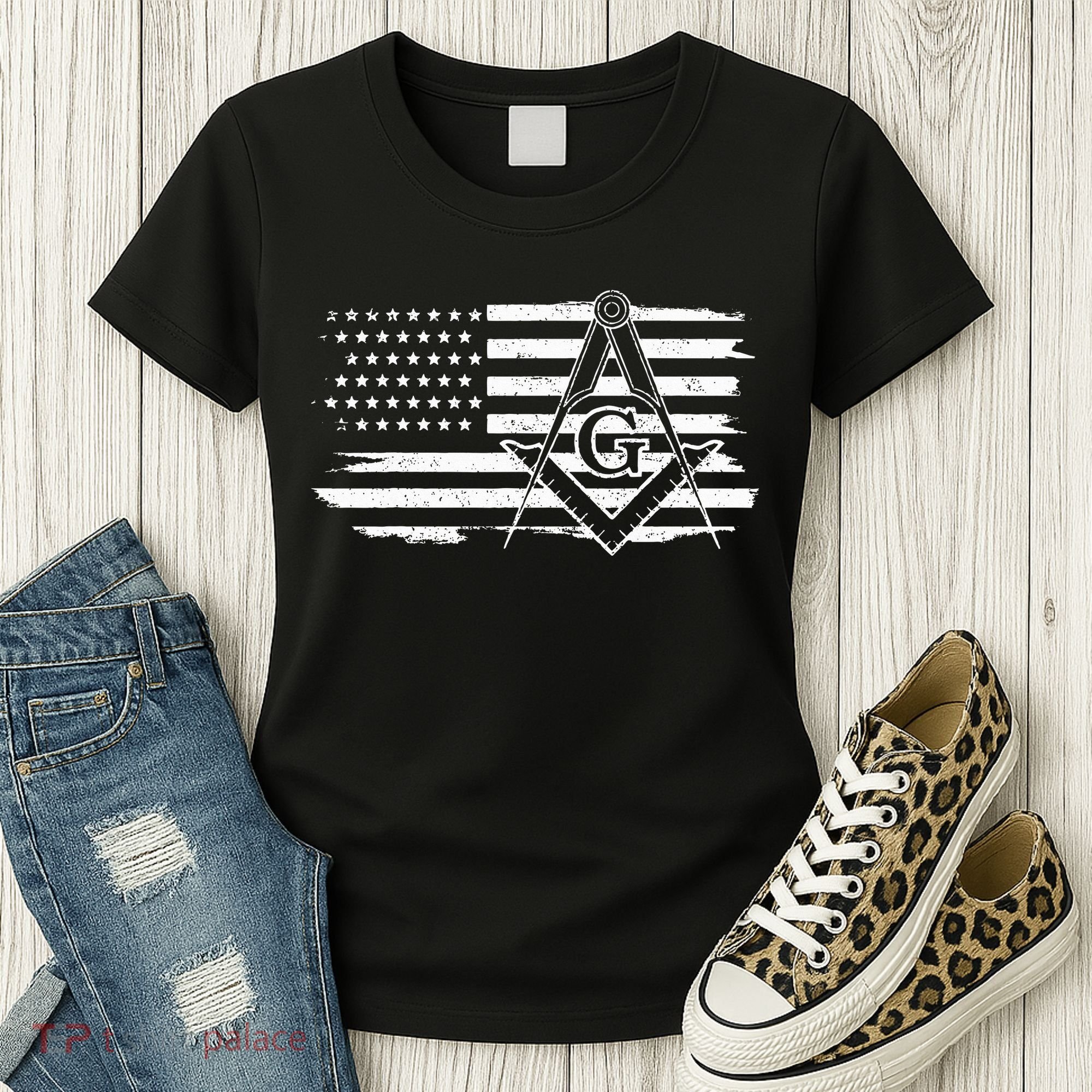 Mason Square & Compass Masonic Us Flag Freemason Shriner Women's T-Shirt