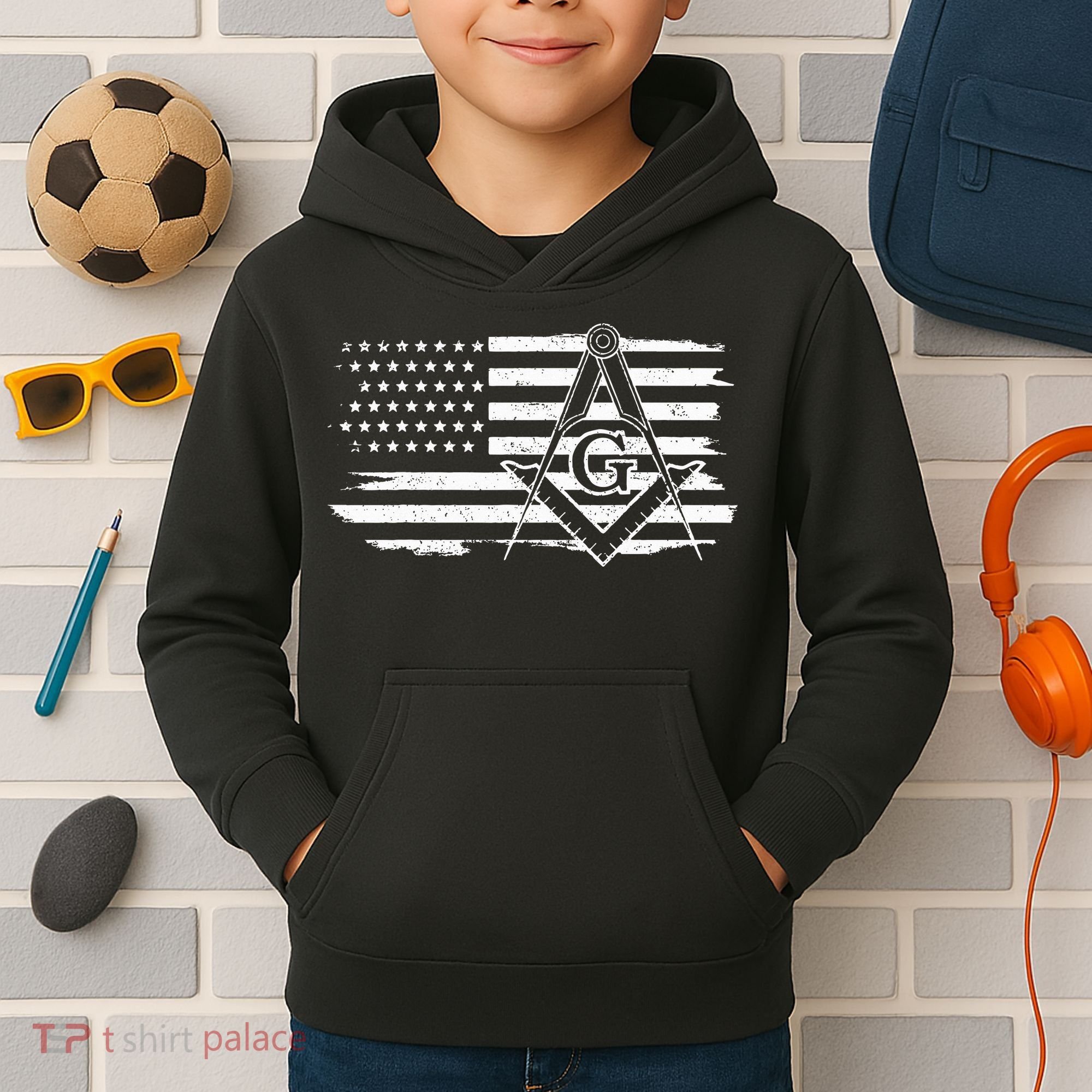 Mason Square & Compass Masonic Us Flag Freemason Shriner Kids Hoodie