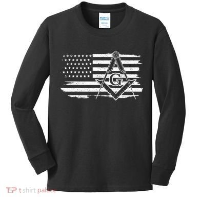 Mason Square & Compass Masonic Us Flag Freemason Shriner Kids Long Sleeve Shirt