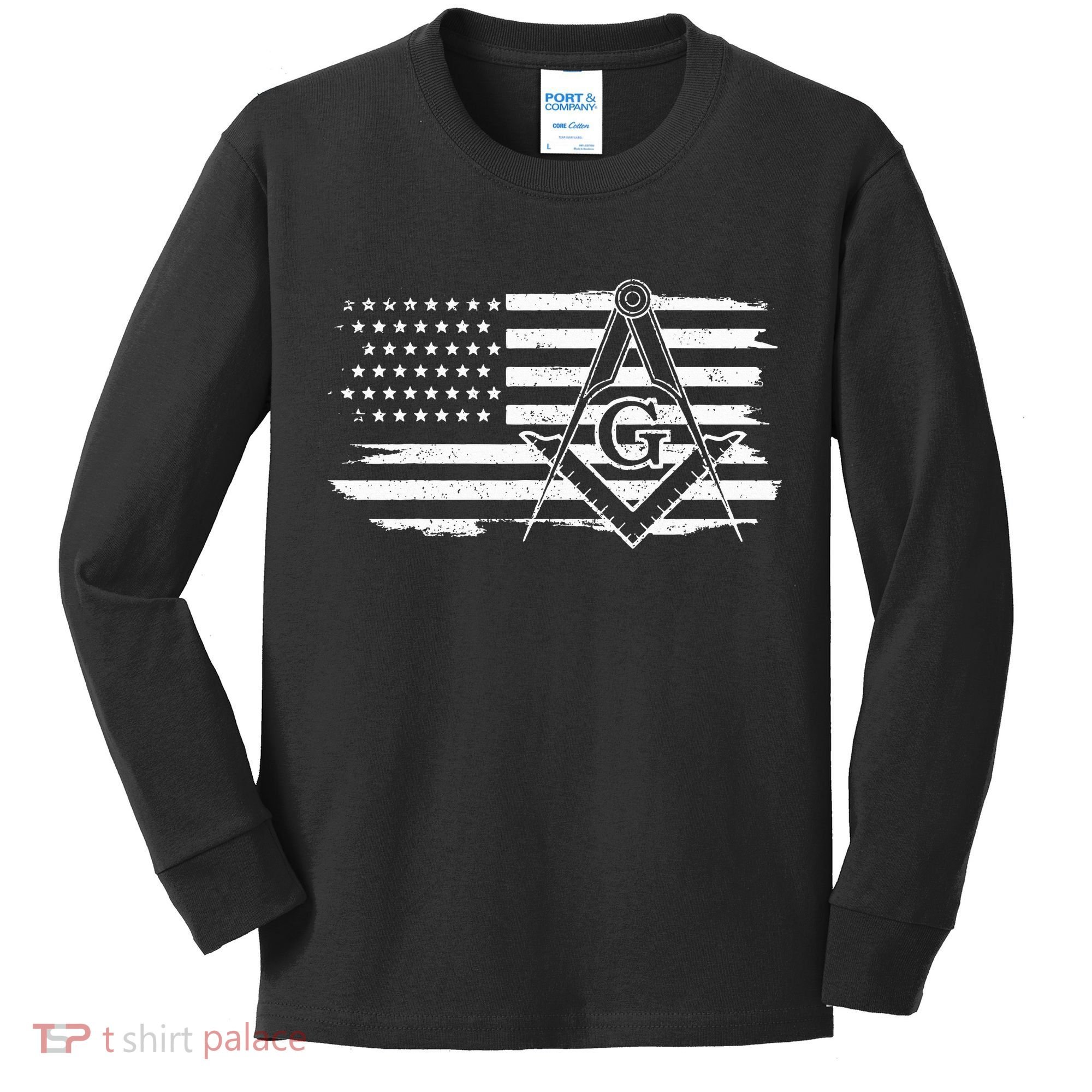 Mason Square & Compass Masonic Us Flag Freemason Shriner Kids Long Sleeve Shirt