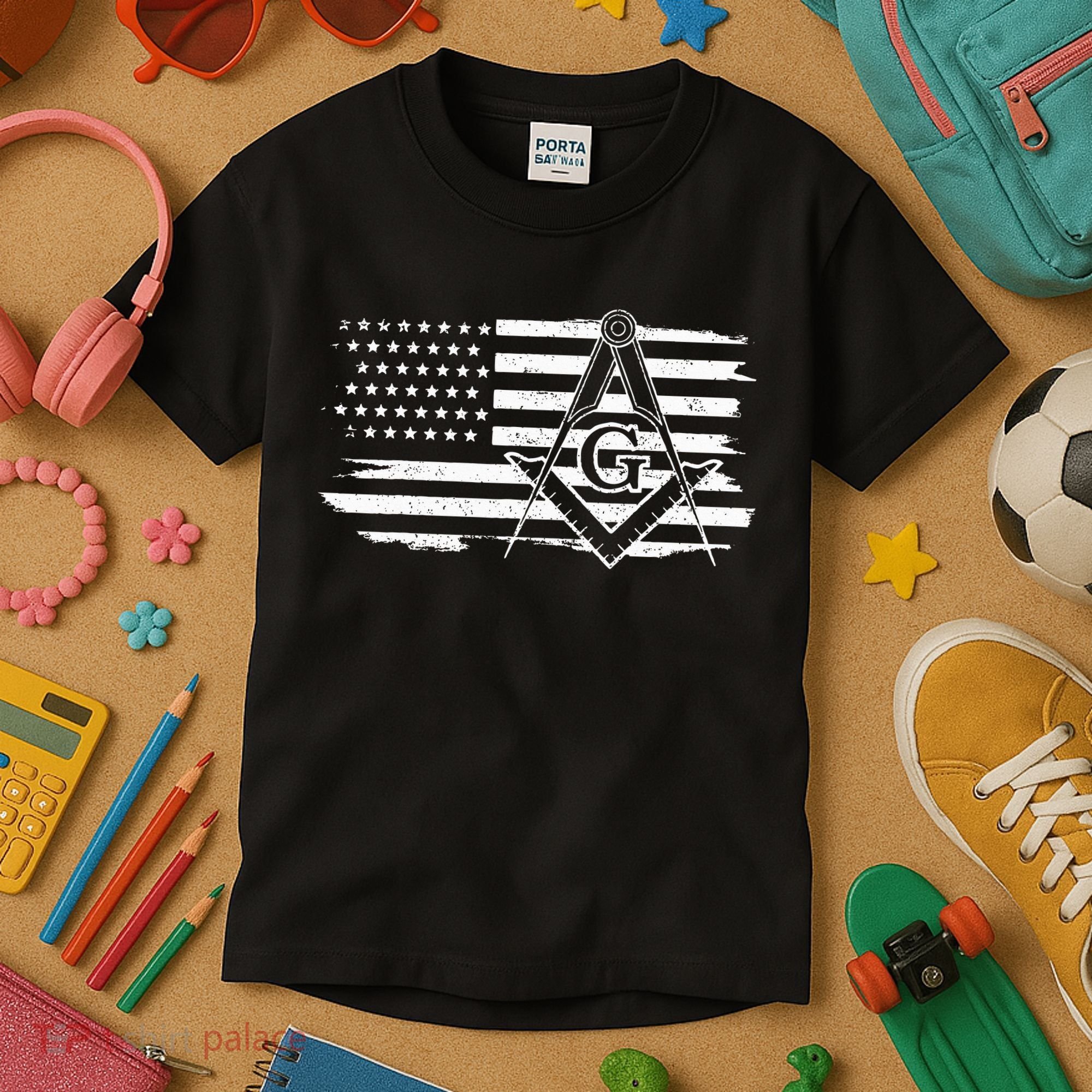 Mason Square & Compass Masonic Us Flag Freemason Shriner Kids T-Shirt