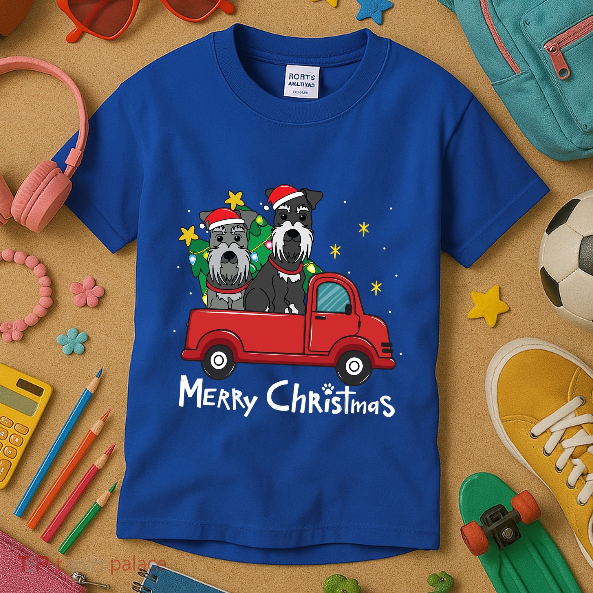Miniature Schnauzer Christmas Truck Tree Mom Dad Xmas Gift Kids T-Shirt