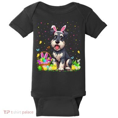 Miniature Schnauzer Dog Easter Egg Hunt Bunny Ear Easter Baby Bodysuit